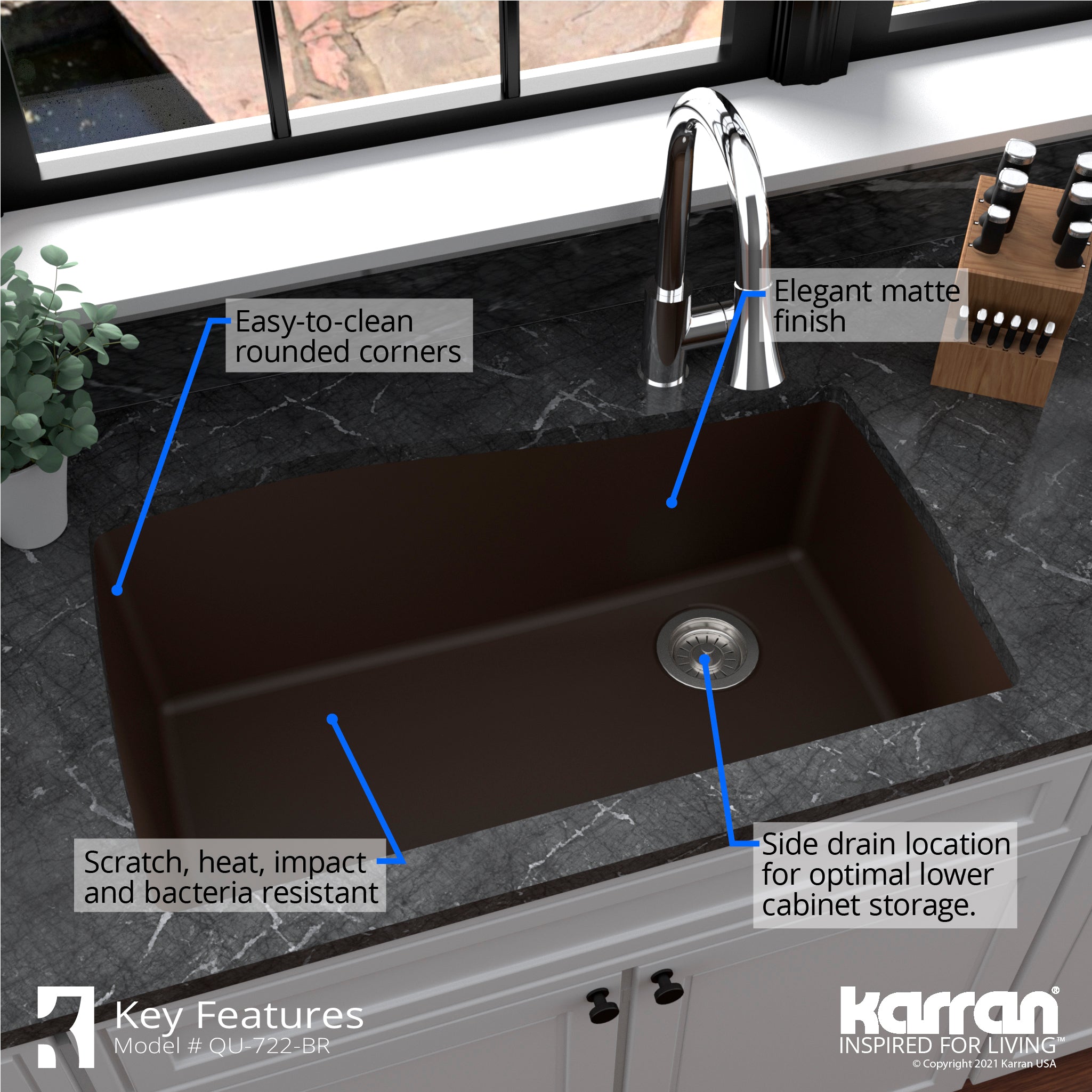 Alternate Image for Karran 34" Undermount Quartz Composite Kitchen Sink with Accessories, Brown, QU-722-BR-PK1