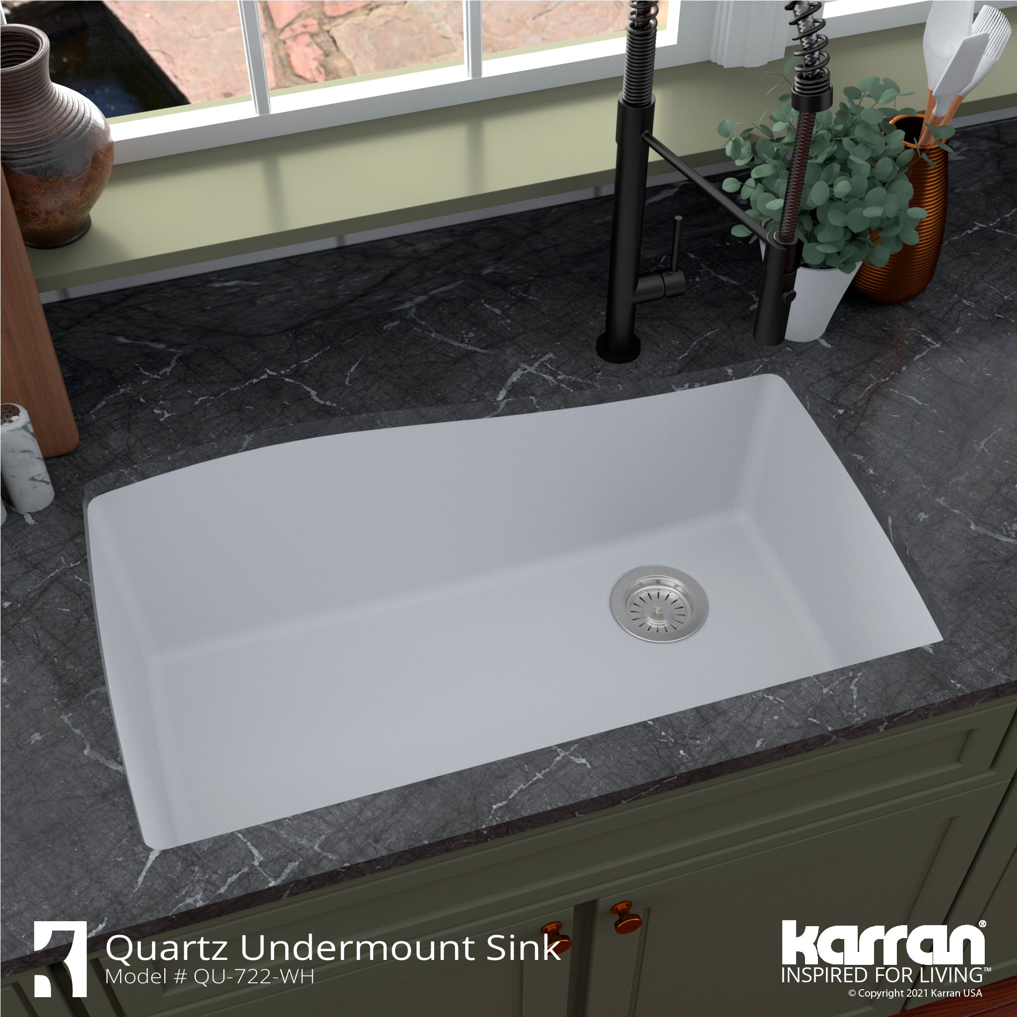 Alternate Image for Karran 34" Undermount Quartz Composite Kitchen Sink with Accessories, White, QU-722-WH-PK1
