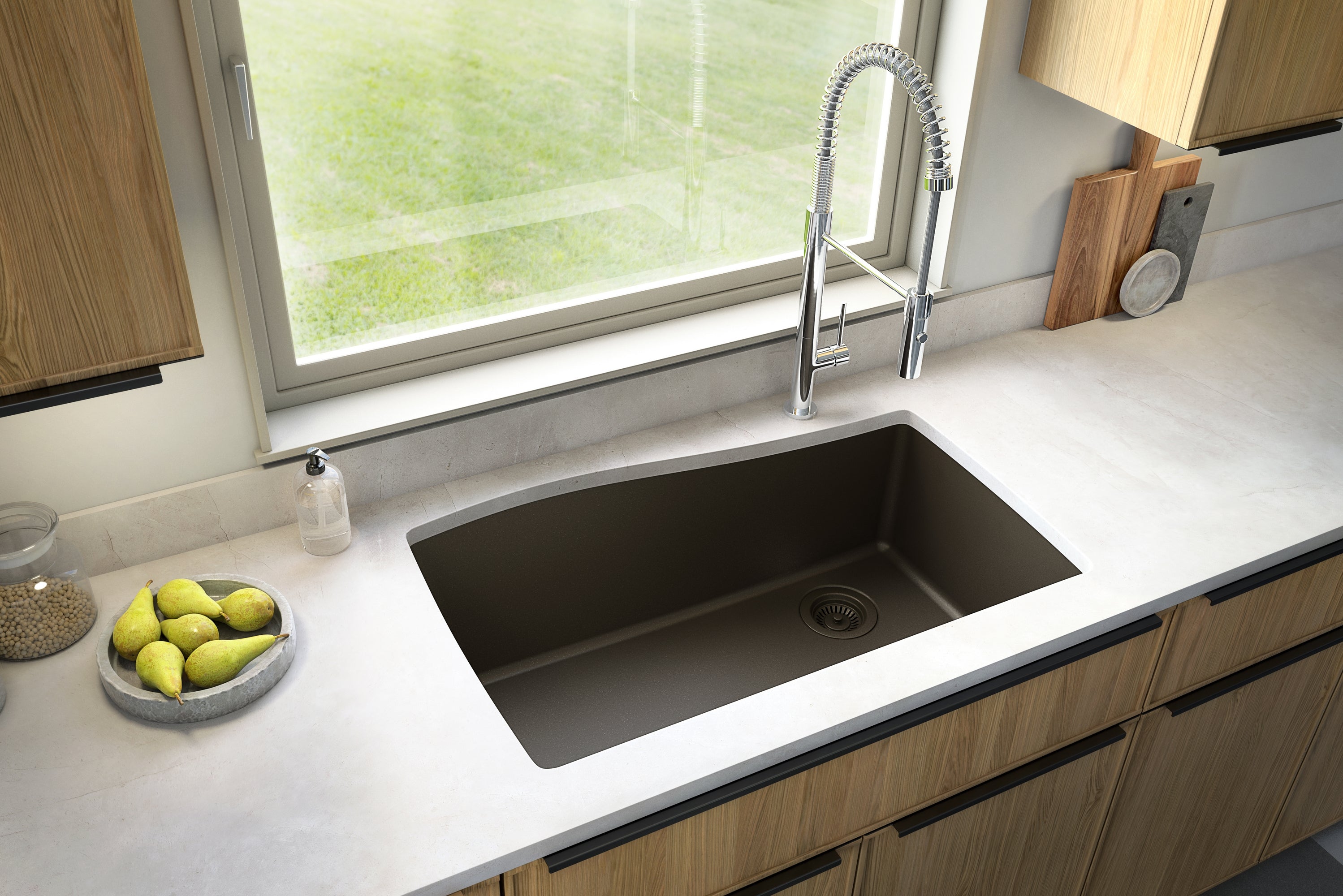 Karran 34" Undermount Quartz Composite Kitchen Sink with Accessories, Brown, QU-722-BR-PK1