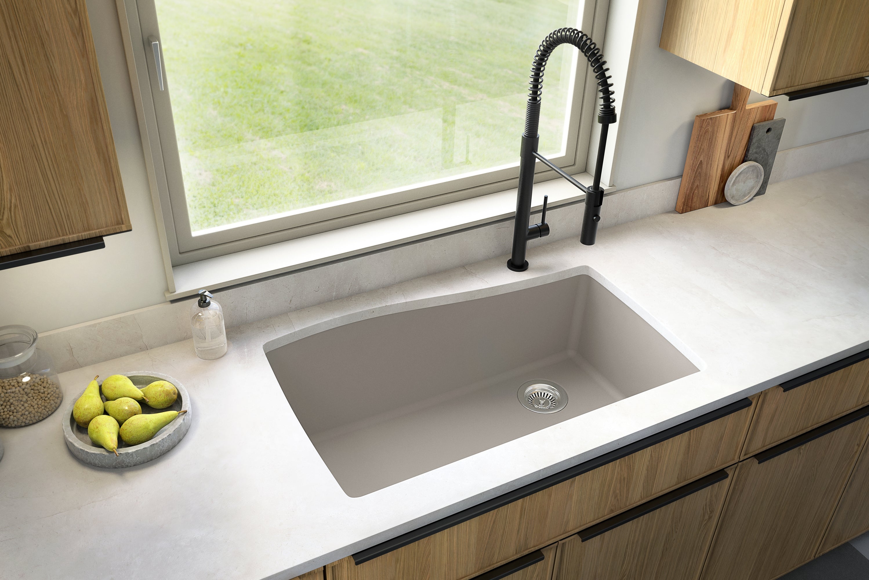 Karran 34" Undermount Quartz Composite Kitchen Sink with Accessories, Concrete, QU-722-CN-PK1