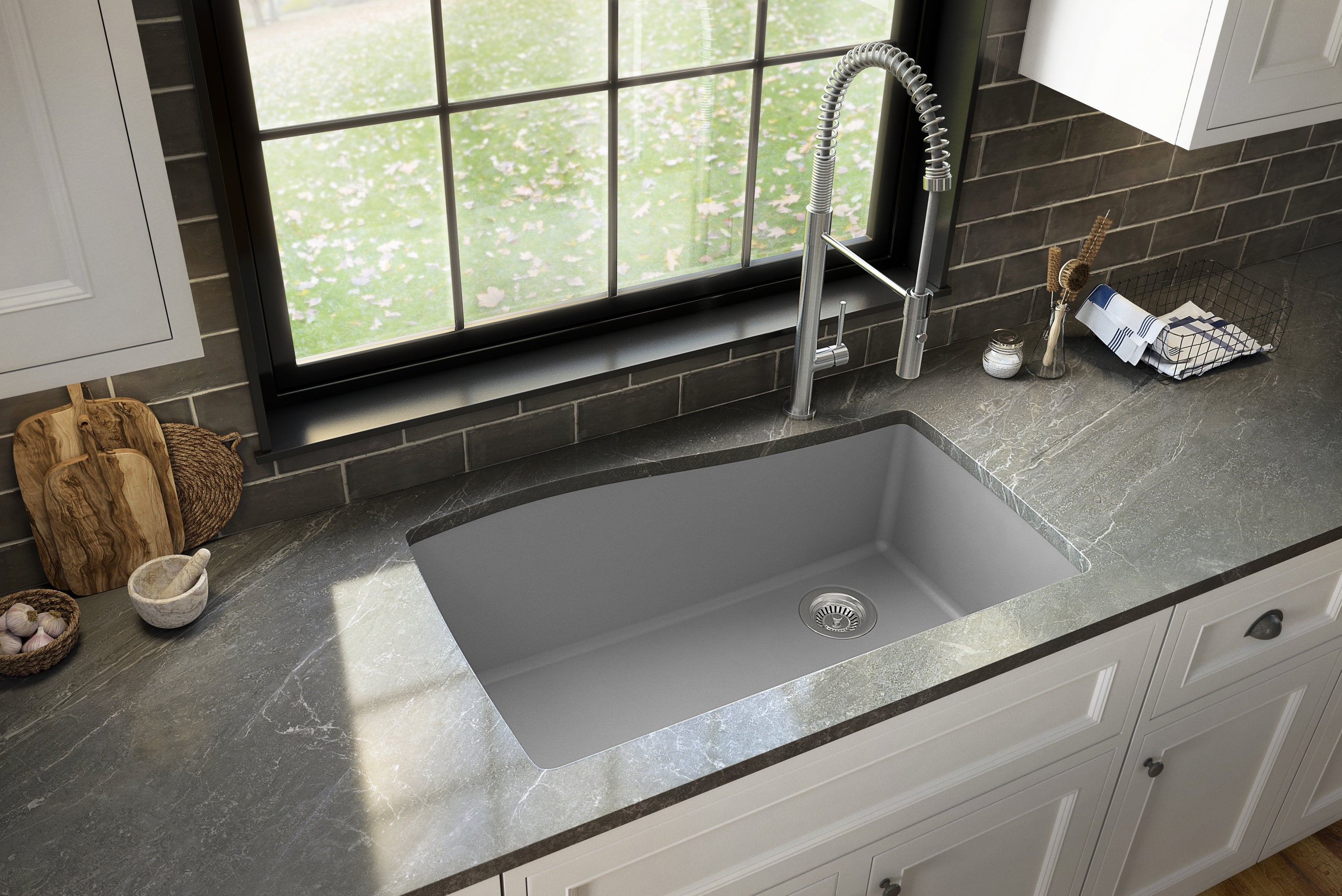 Karran 34" Undermount Quartz Composite Kitchen Sink with Accessories, Grey, QU-722-GR-PK1