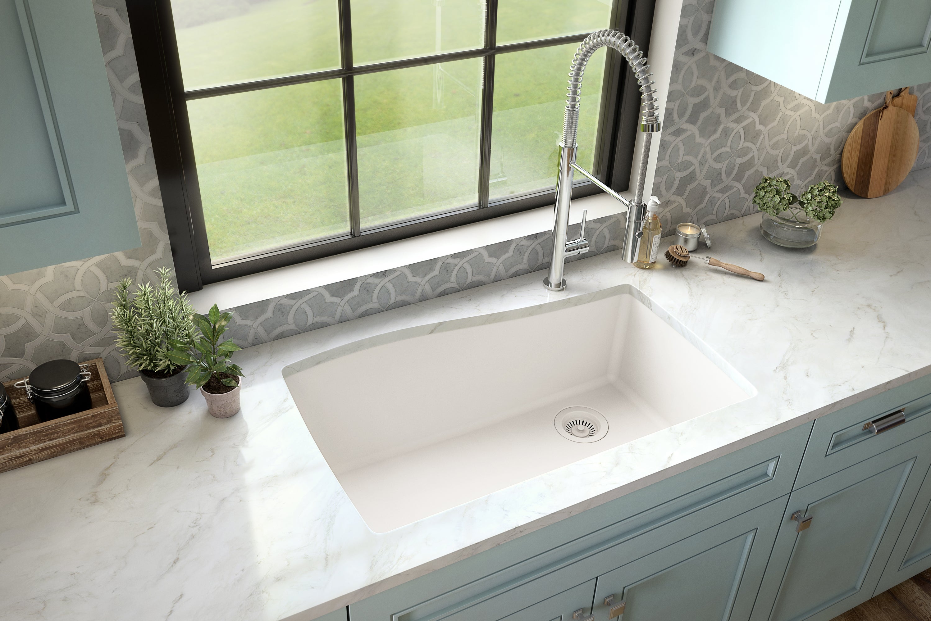 Karran 34" Undermount Quartz Composite Kitchen Sink with Accessories, White, QU-722-WH-PK1