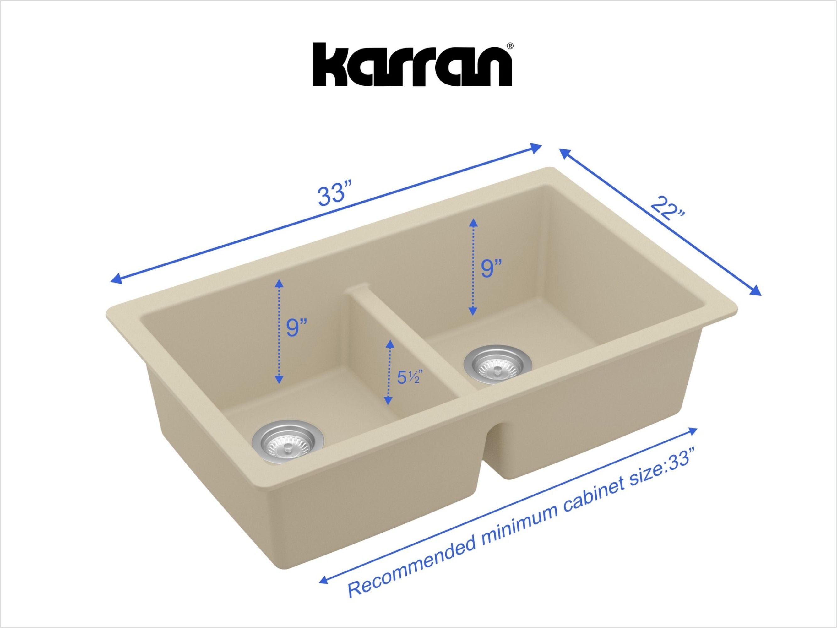 Alternate Image for Karran 32" Undermount Quartz Composite Kitchen Sink, 50/50 Double Bowl, Bisque, QU-810-BI