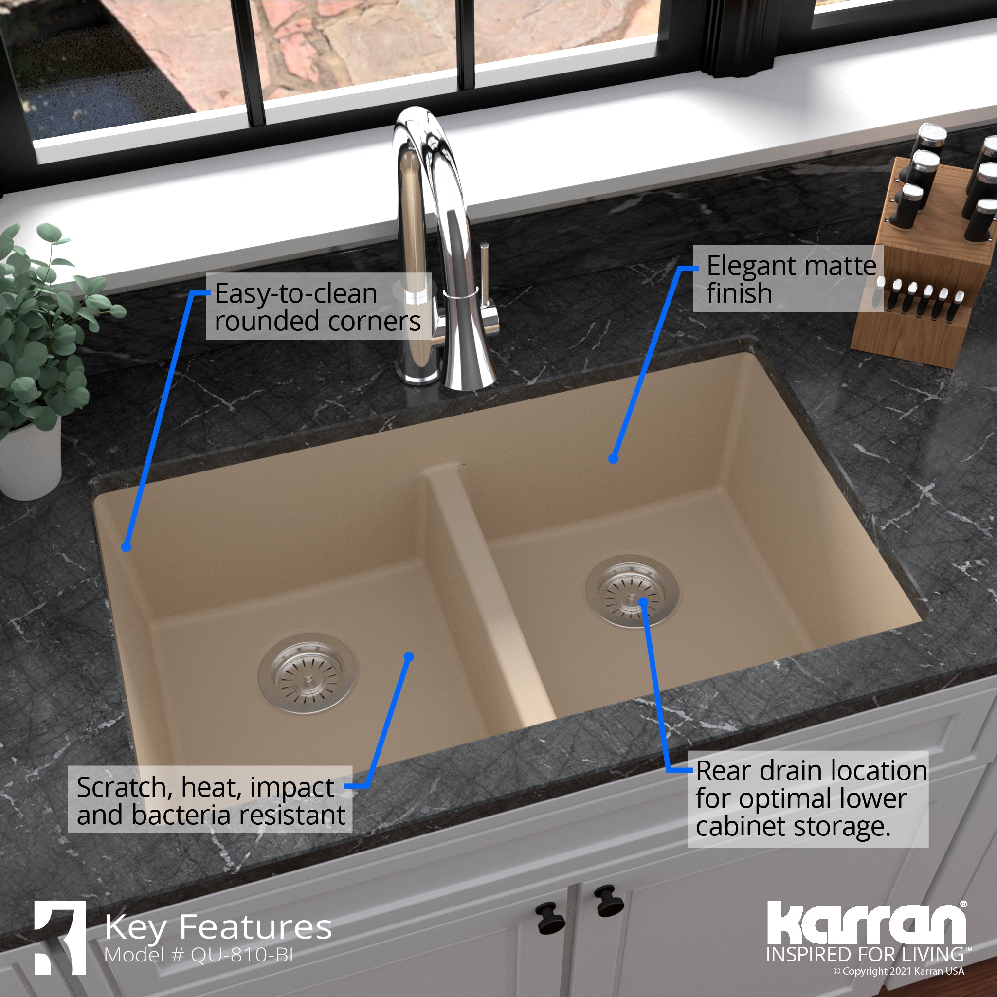 Alternate Image for Karran 32" Undermount Quartz Composite Kitchen Sink with Accessories, 50/50 Double Bowl, Bisque, QU-810-BI-PK1