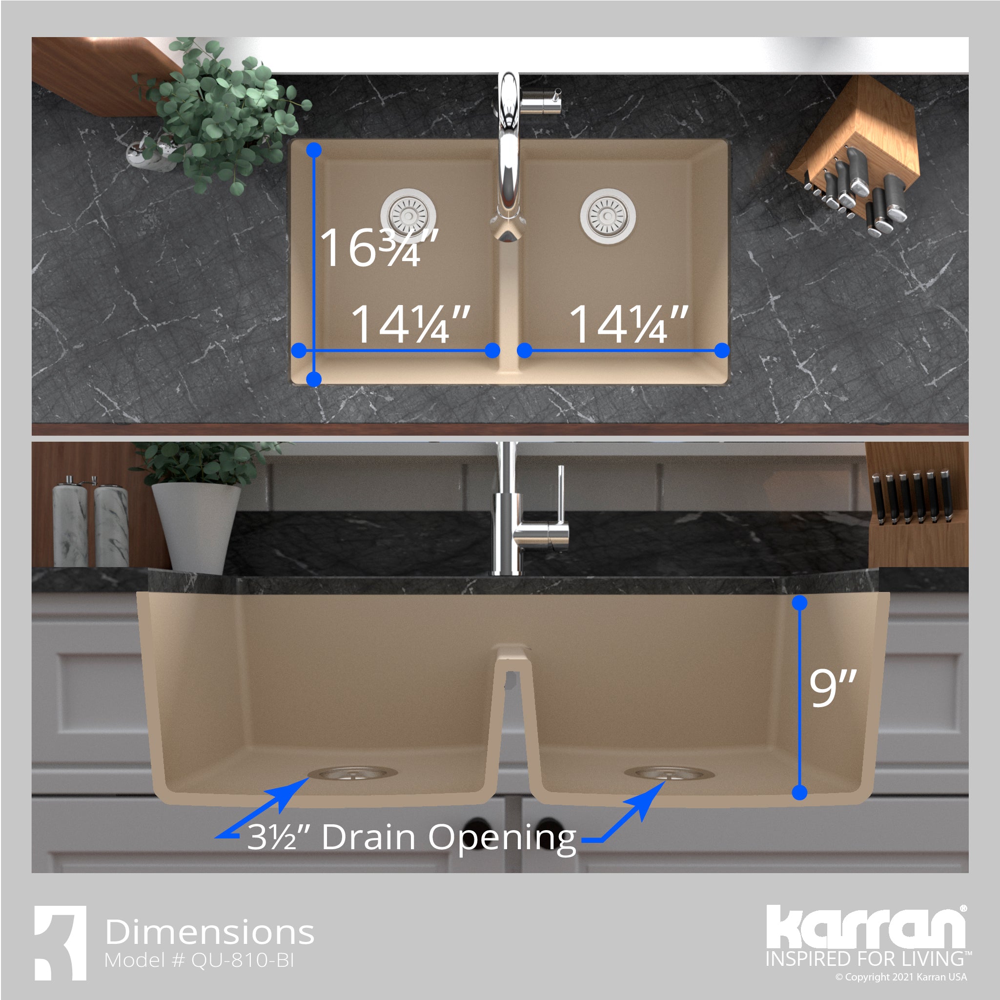 Alternate Image for Karran 32" Undermount Quartz Composite Kitchen Sink with Accessories, 50/50 Double Bowl, Bisque, QU-810-BI-PK1