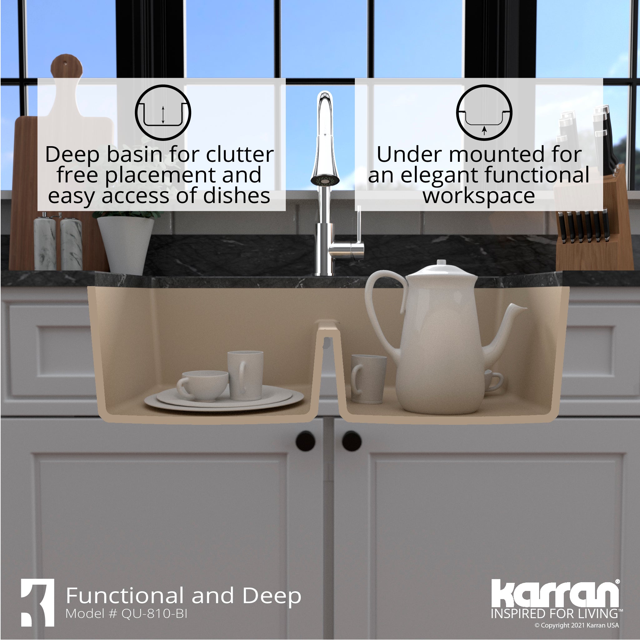 Alternate Image for Karran 32" Undermount Quartz Composite Kitchen Sink with Accessories, 50/50 Double Bowl, Bisque, QU-810-BI-PK1