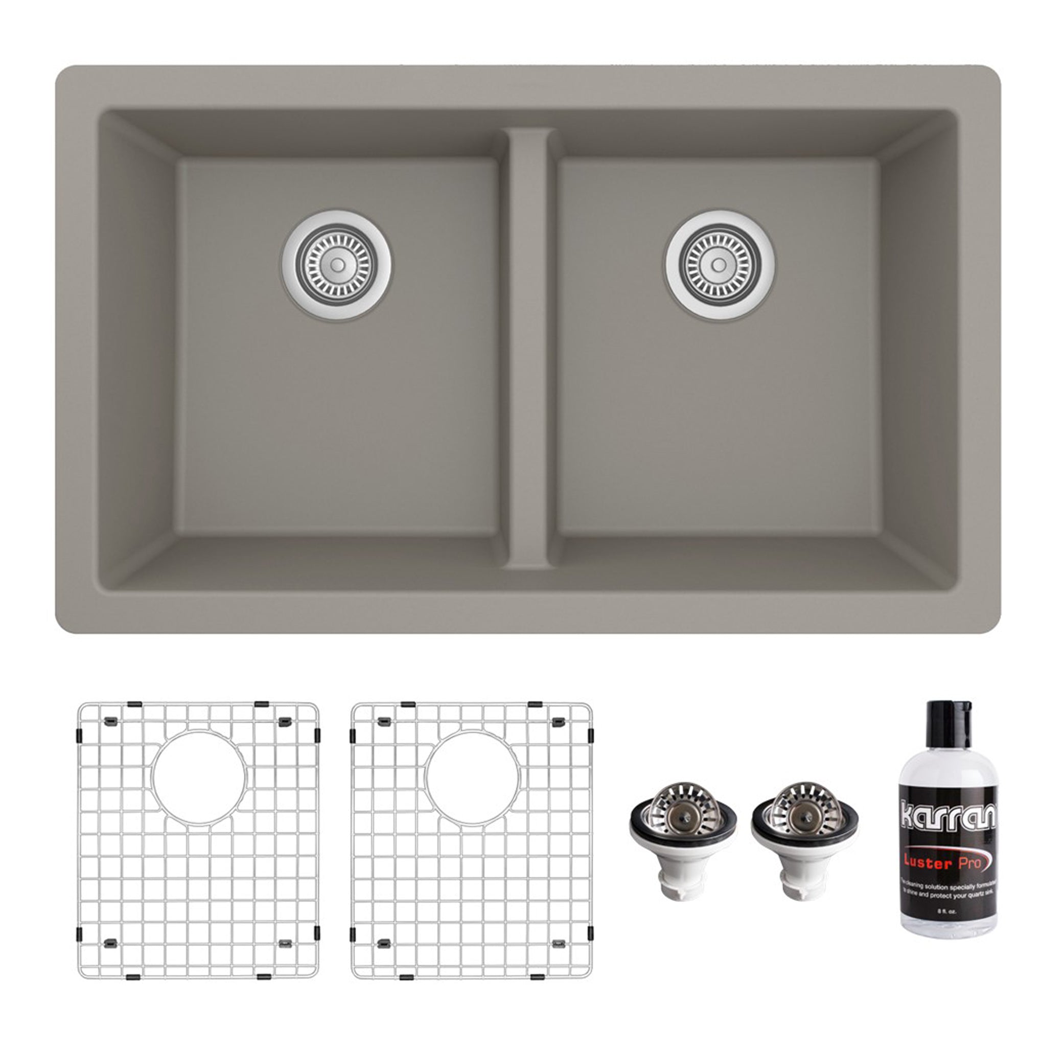Karran 32" Undermount Quartz Composite Kitchen Sink with Accessories, 50/50 Double Bowl, Concrete, QU-810-CN-PK1