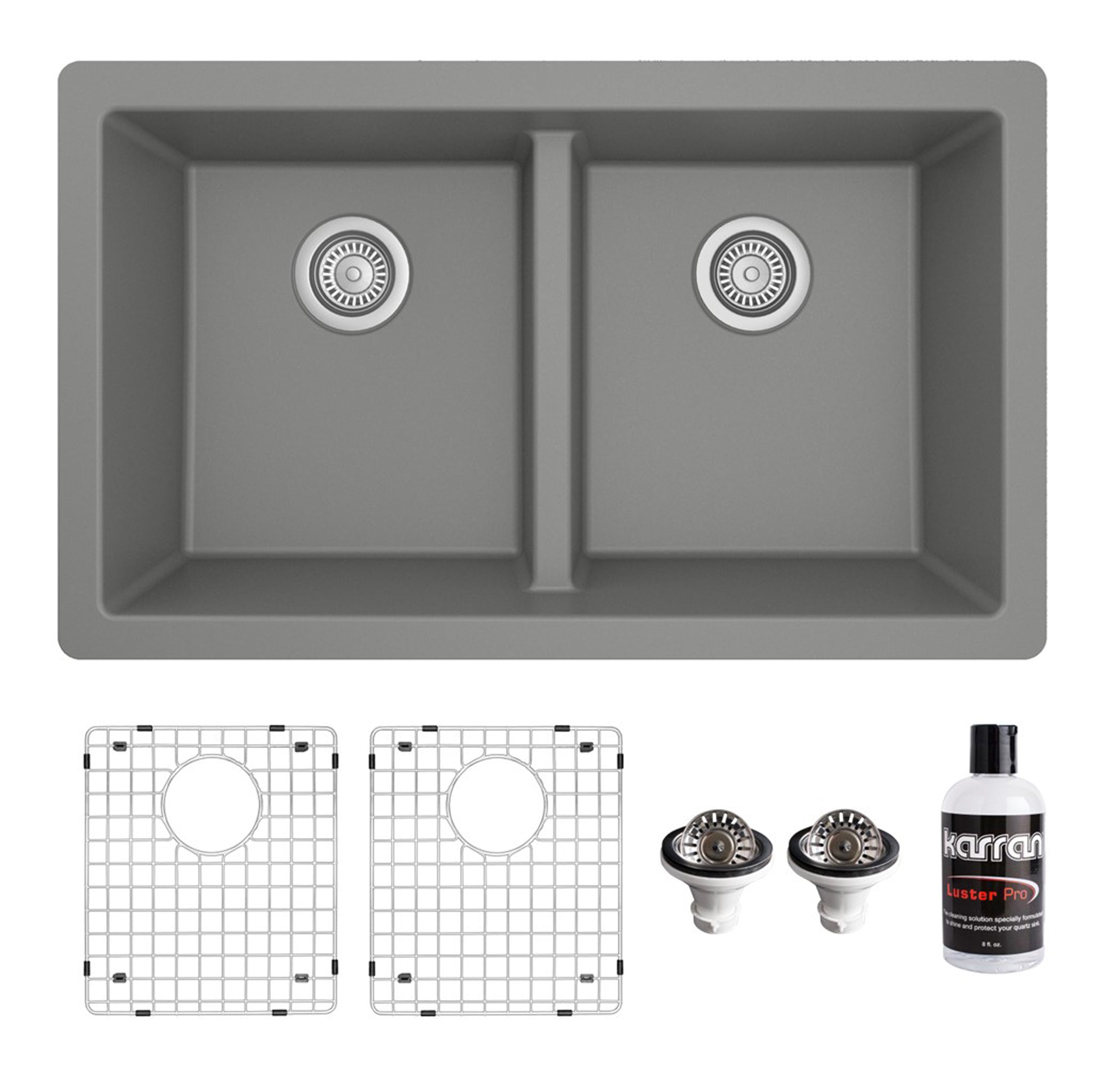 Karran 32" Undermount Quartz Composite Kitchen Sink with Accessories, 50/50 Double Bowl, Grey, QU-810-GR-PK1