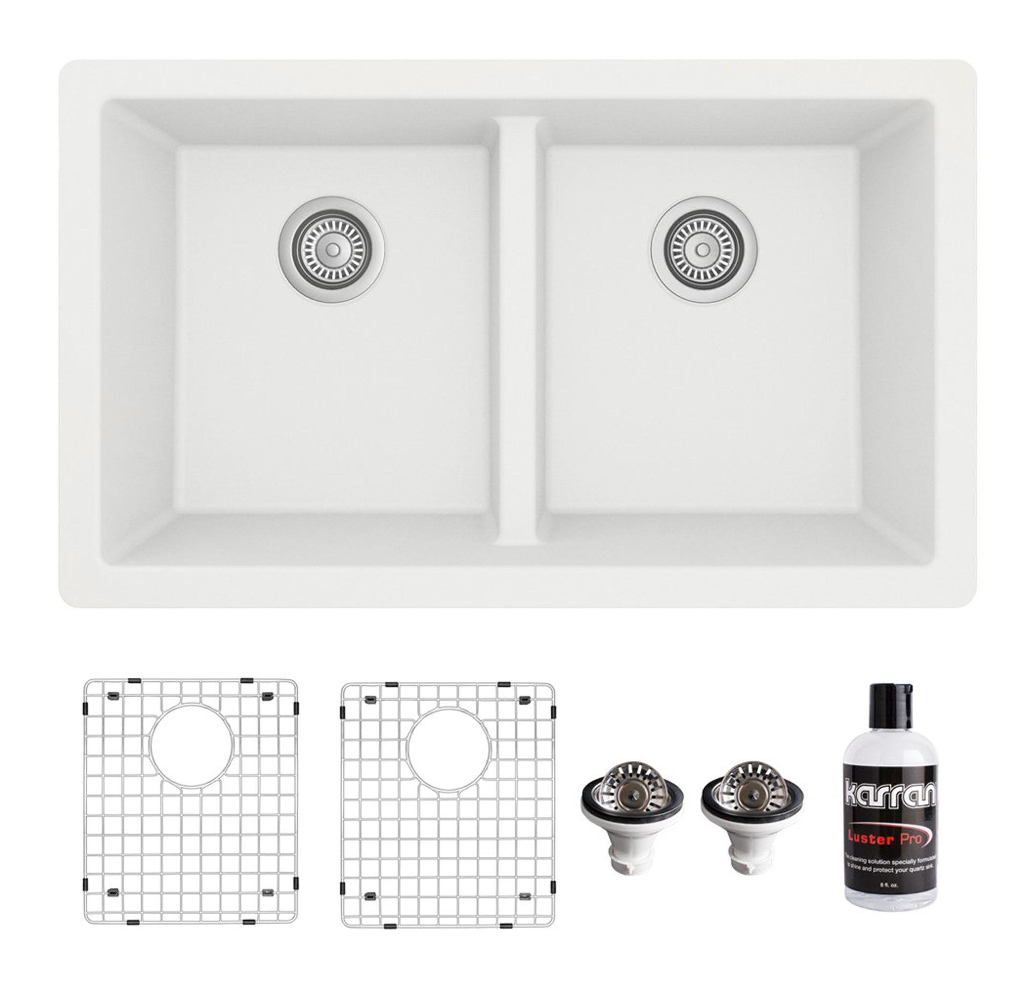 Karran 32" Undermount Quartz Composite Kitchen Sink with Accessories, 50/50 Double Bowl, White, QU-810-WH-PK1