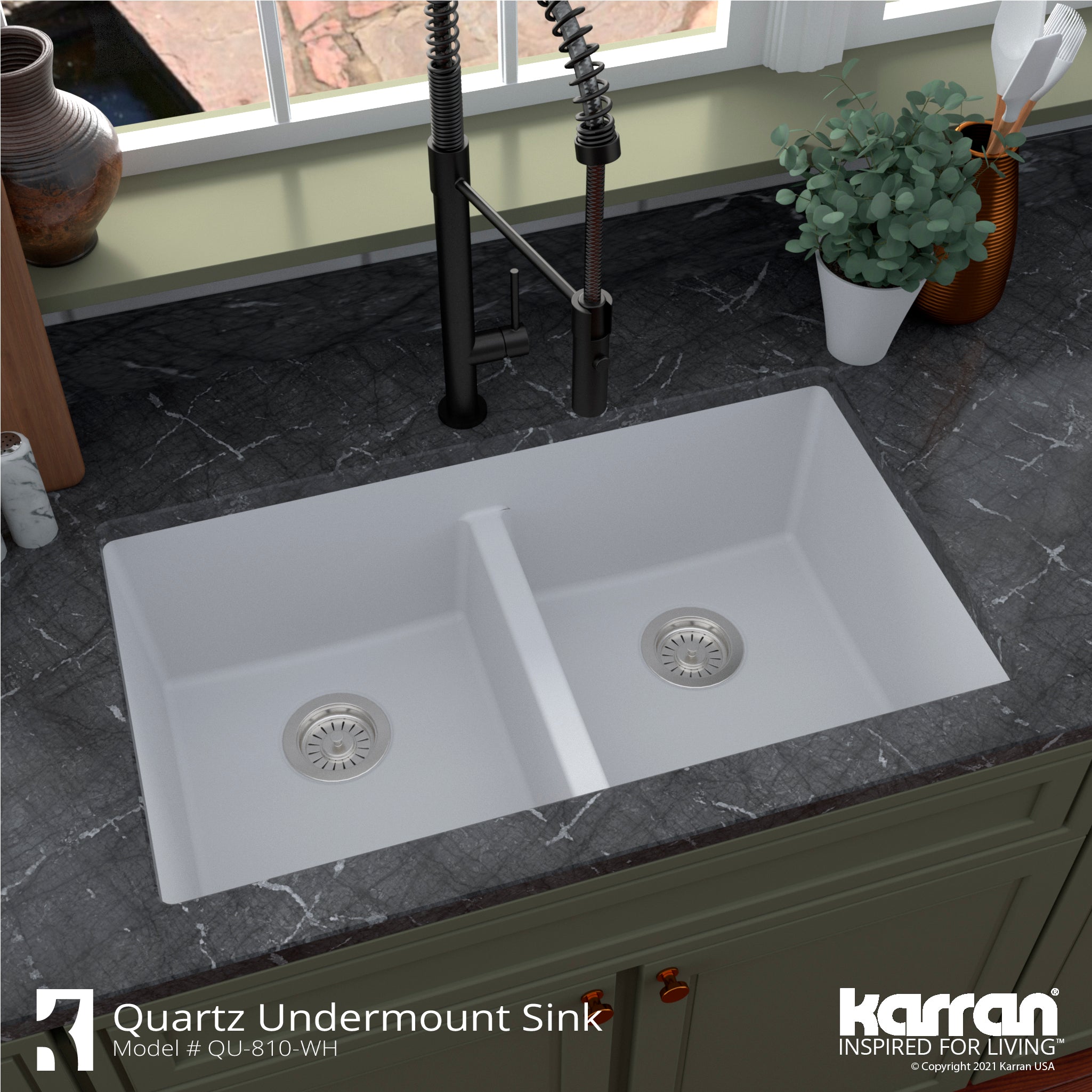 Alternate Image for Karran 32" Undermount Quartz Composite Kitchen Sink with Accessories, 50/50 Double Bowl, White, QU-810-WH-PK1
