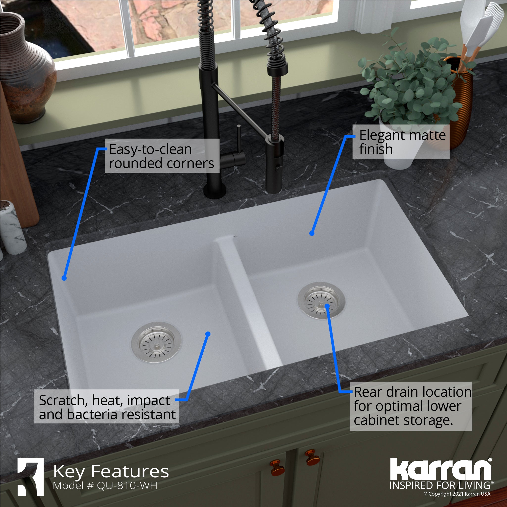 Alternate Image for Karran 32" Undermount Quartz Composite Kitchen Sink with Accessories, 50/50 Double Bowl, White, QU-810-WH-PK1
