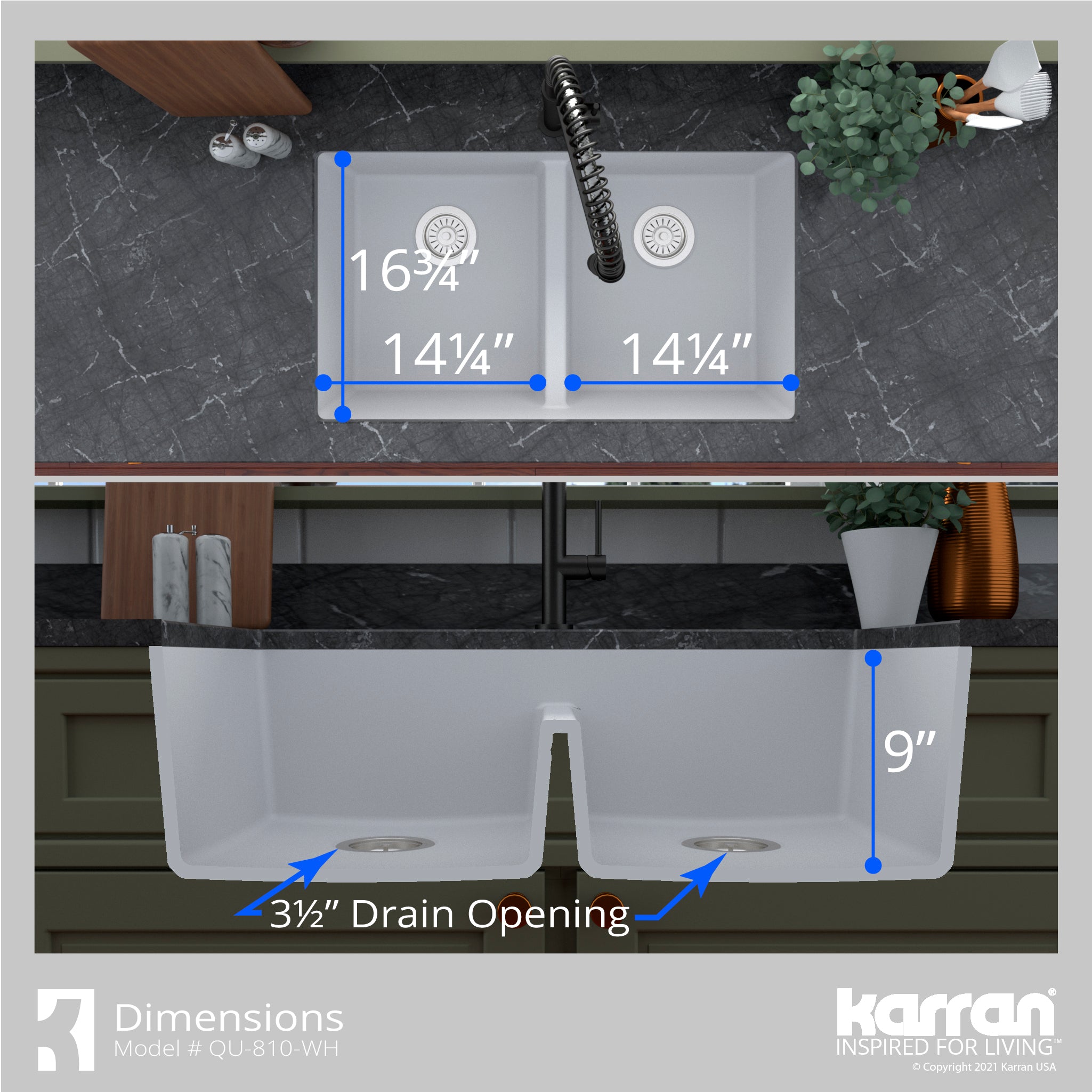 Alternate Image for Karran 32" Undermount Quartz Composite Kitchen Sink with Accessories, 50/50 Double Bowl, White, QU-810-WH-PK1