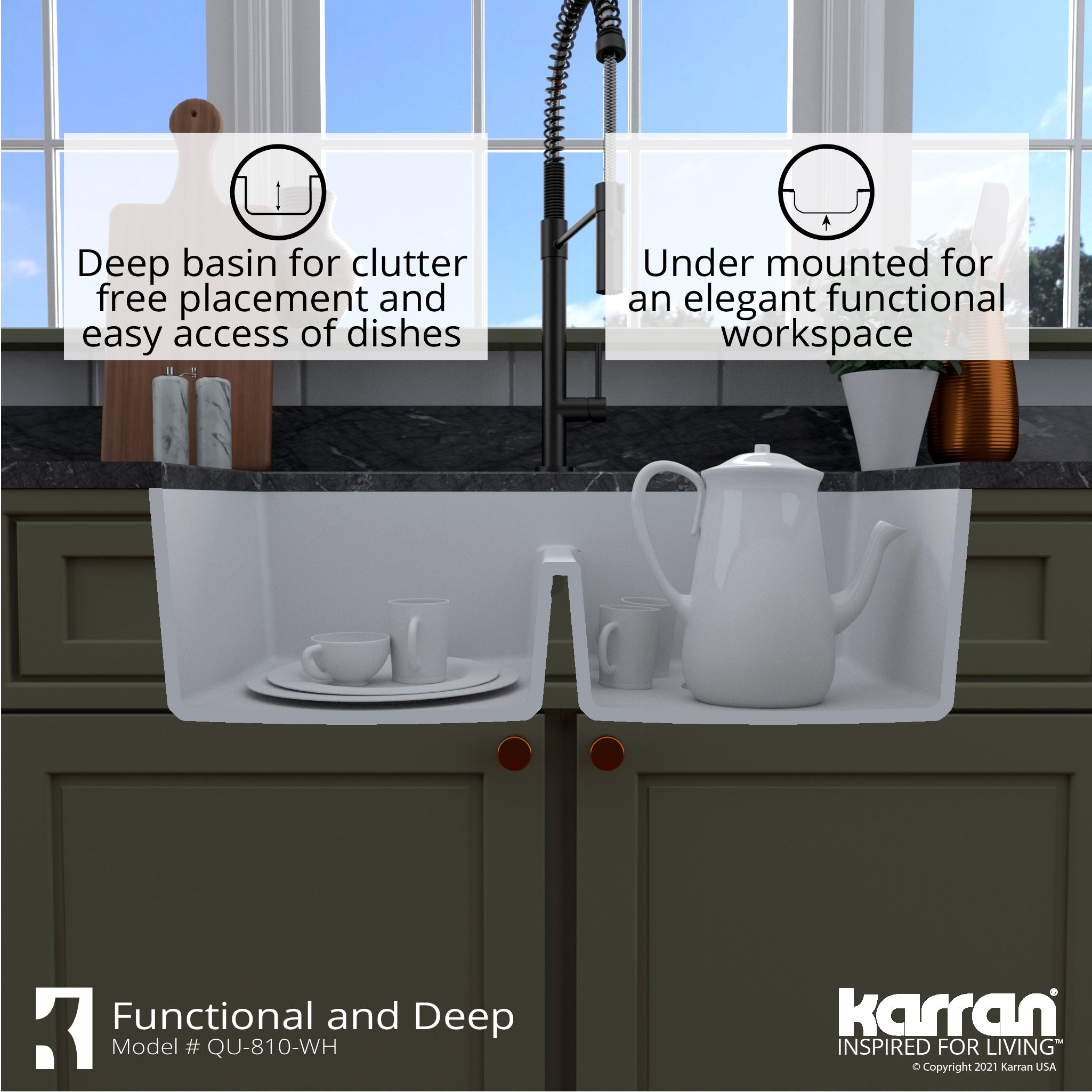 Alternate Image for Karran 32" Undermount Quartz Composite Kitchen Sink with Accessories, 50/50 Double Bowl, White, QU-810-WH-PK1