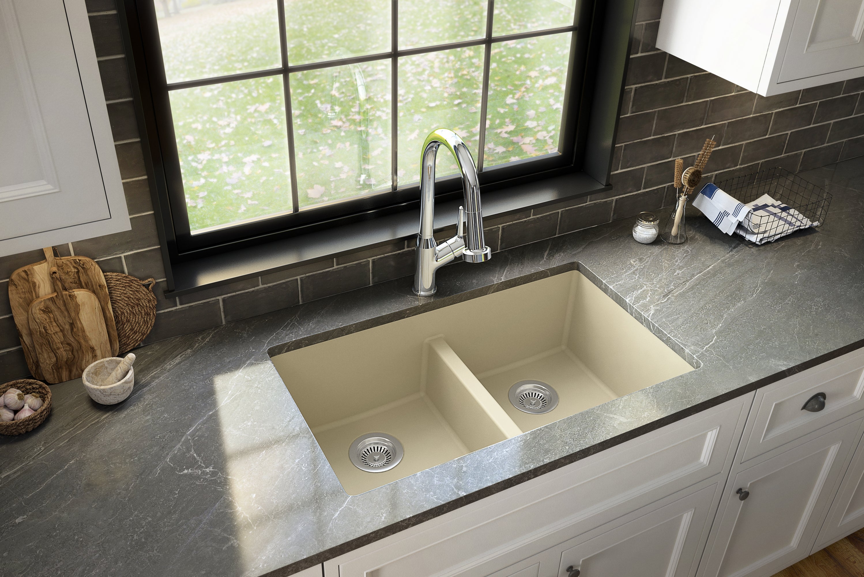 Karran 32" Undermount Quartz Composite Kitchen Sink with Accessories, 50/50 Double Bowl, Bisque, QU-810-BI-PK1