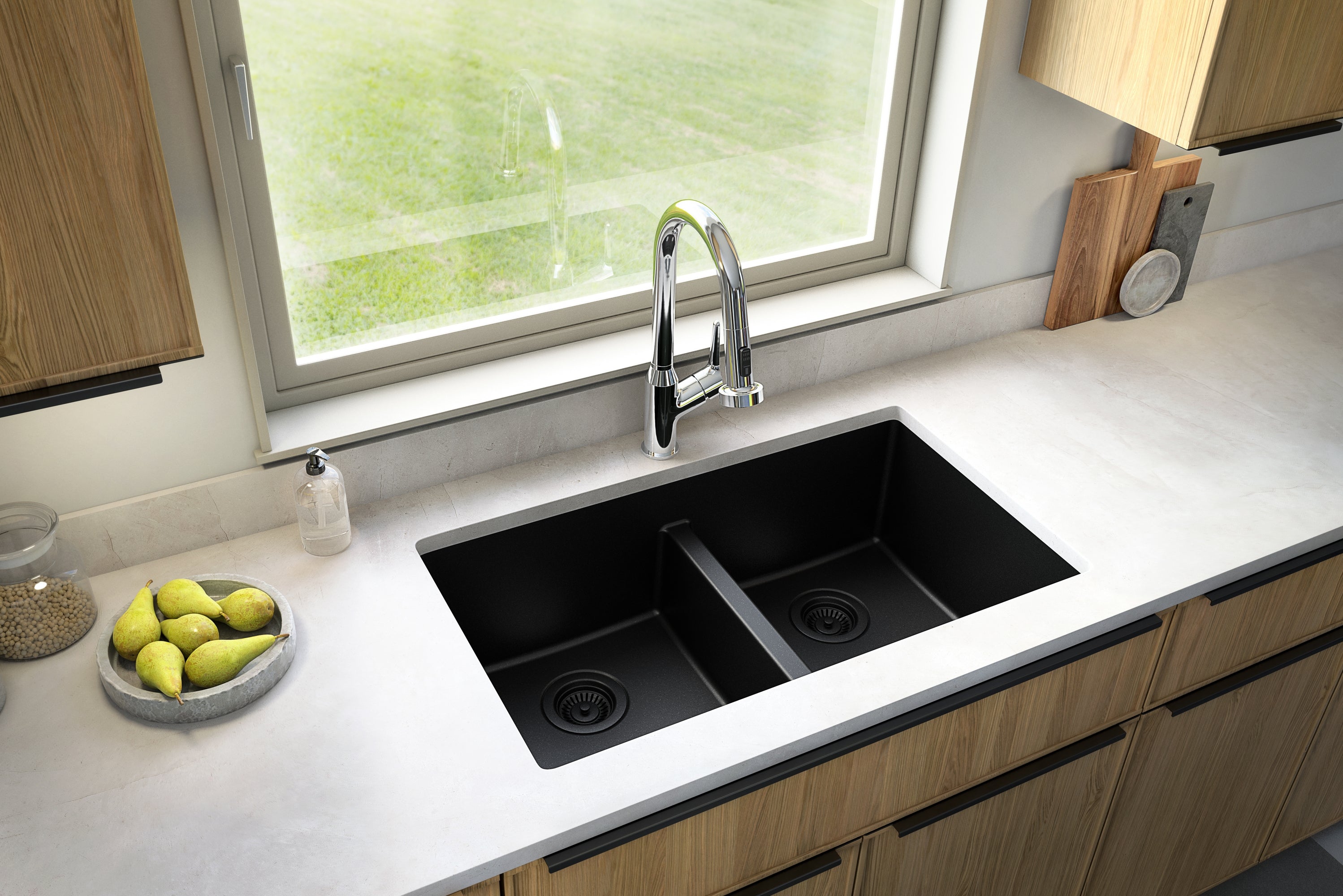 Karran 32" Undermount Quartz Composite Kitchen Sink with Accessories, 50/50 Double Bowl, Black, QU-810-BL-PK1