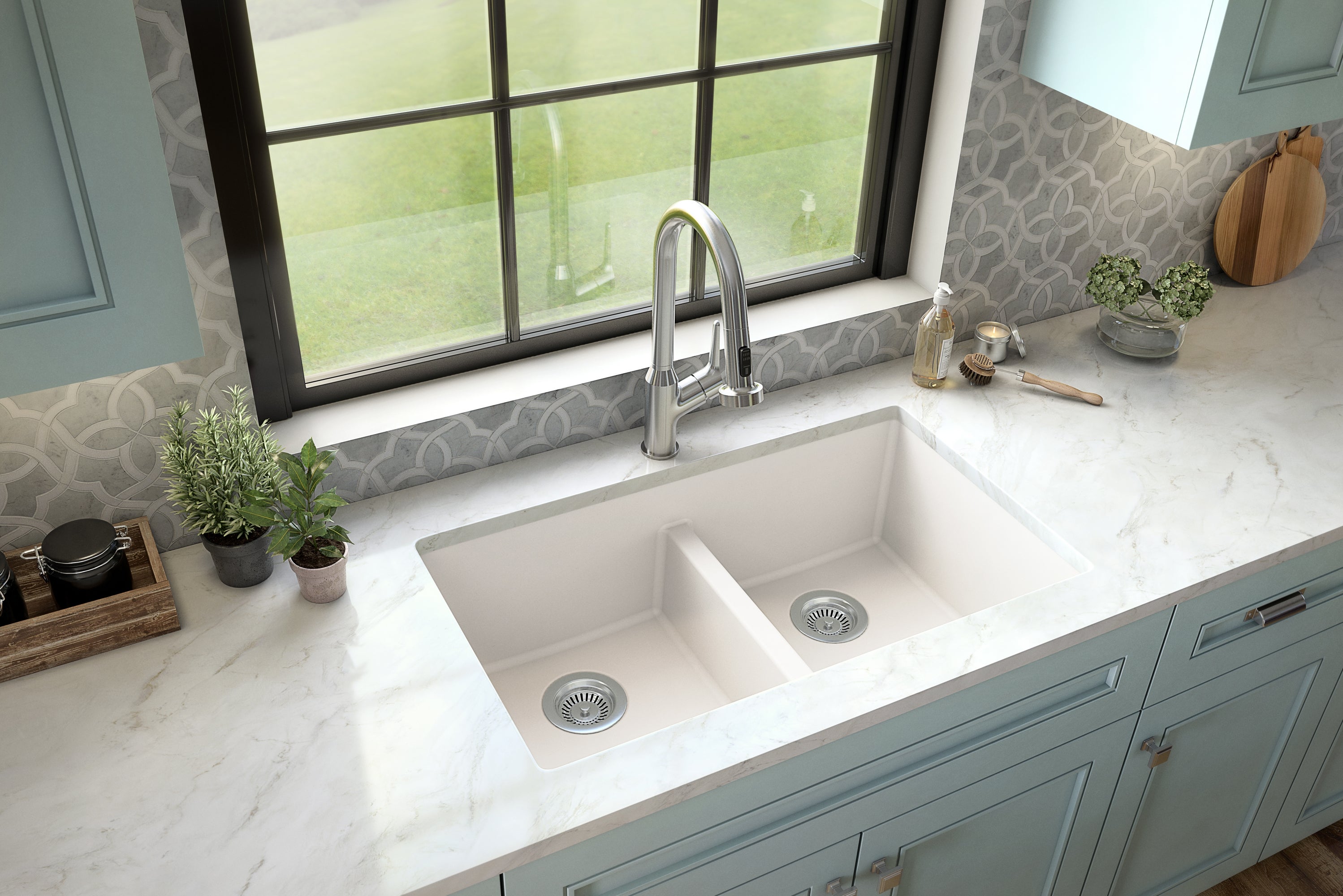 Karran 32" Undermount Quartz Composite Kitchen Sink with Accessories, 50/50 Double Bowl, White, QU-810-WH-PK1