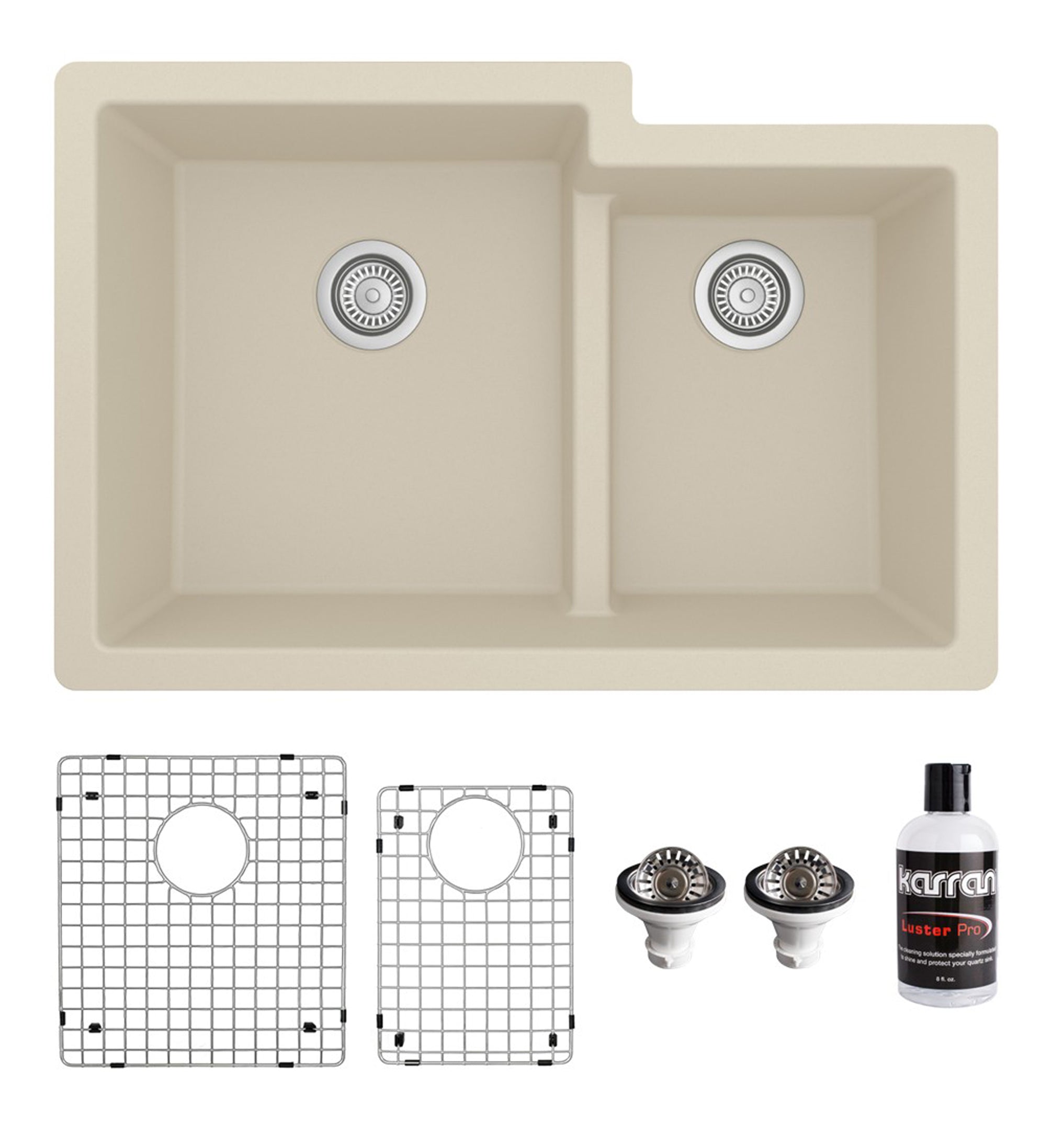 Karran 32" Undermount Quartz Composite Kitchen Sink with Accessories, 60/40 Double Bowl, Bisque, QU-811-BI-PK1