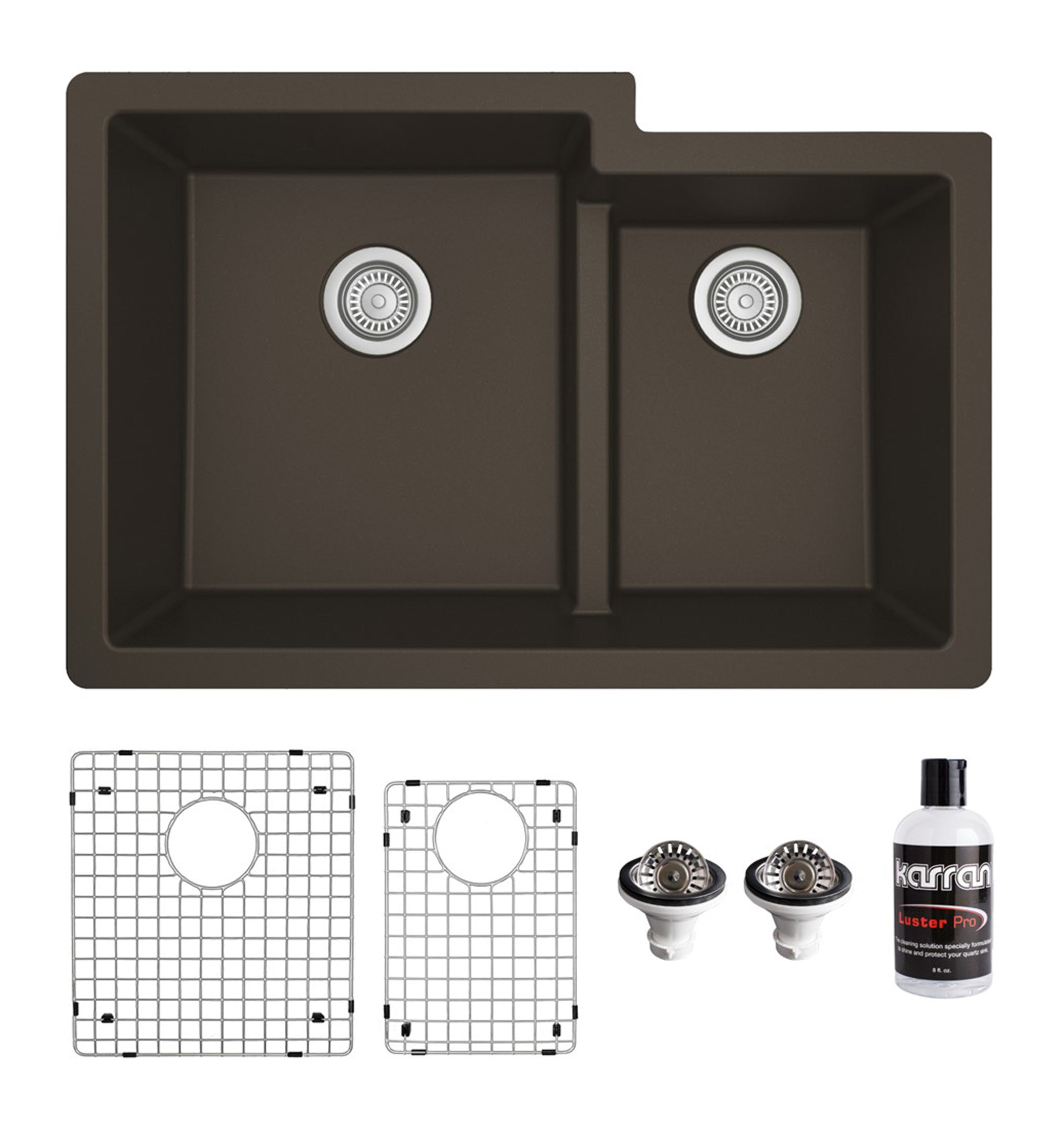 Karran 32" Undermount Quartz Composite Kitchen Sink with Accessories, 60/40 Double Bowl, Brown, QU-811-BR-PK1