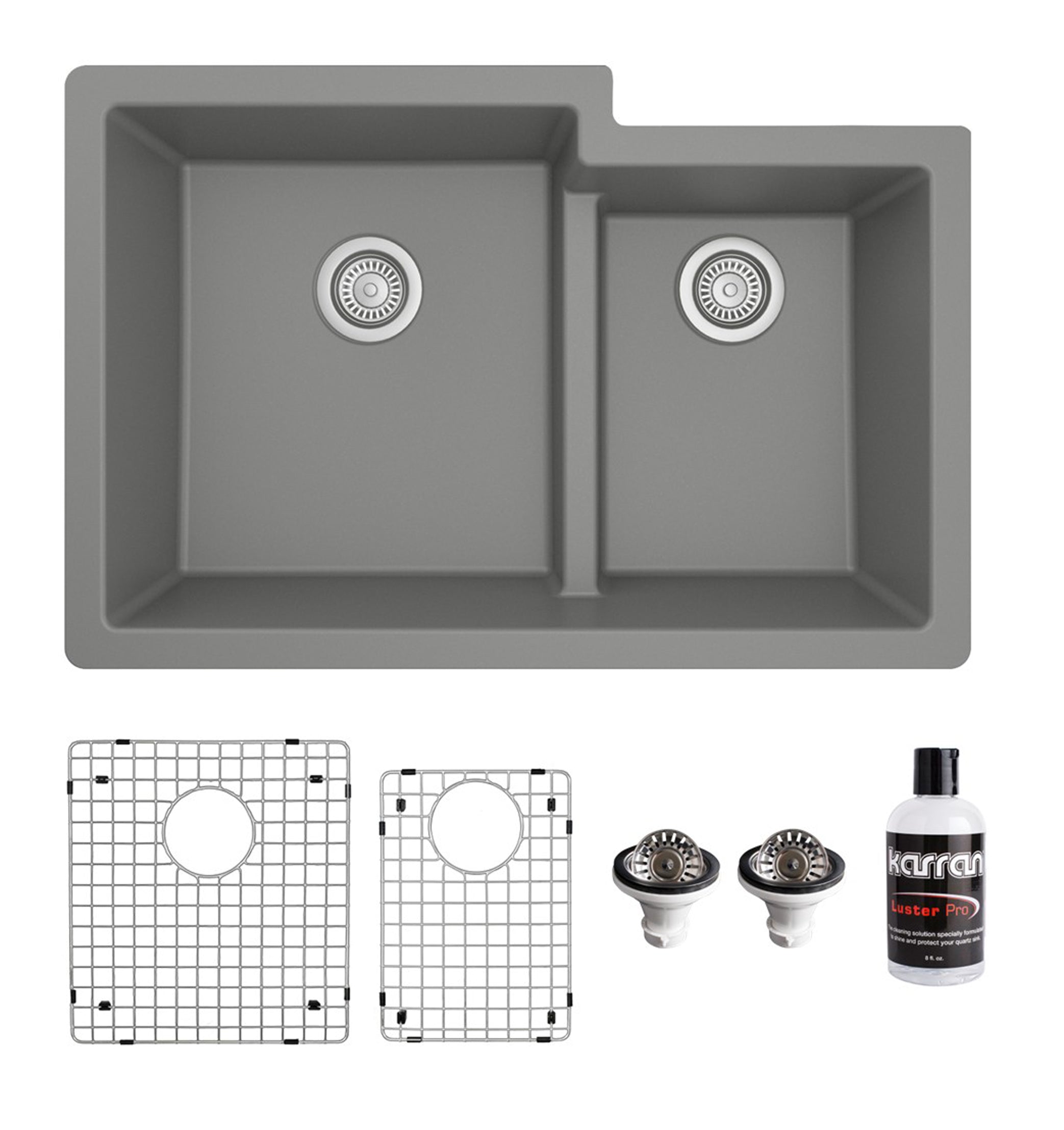 Karran 32" Undermount Quartz Composite Kitchen Sink with Accessories, 60/40 Double Bowl, Grey, QU-811-GR-PK1
