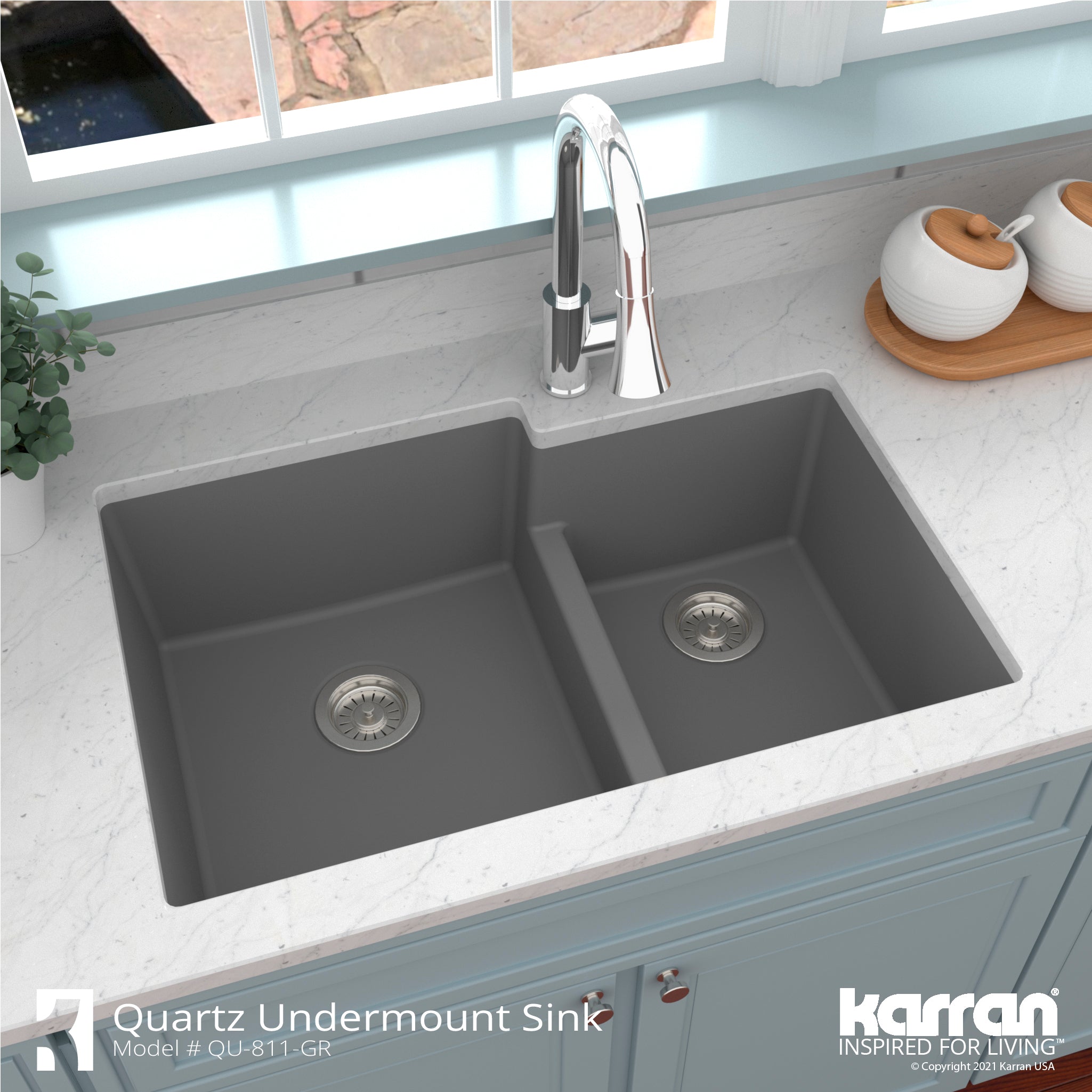 Alternate Image for Karran 32" Undermount Quartz Composite Kitchen Sink with Accessories, 60/40 Double Bowl, Grey, QU-811-GR-PK1