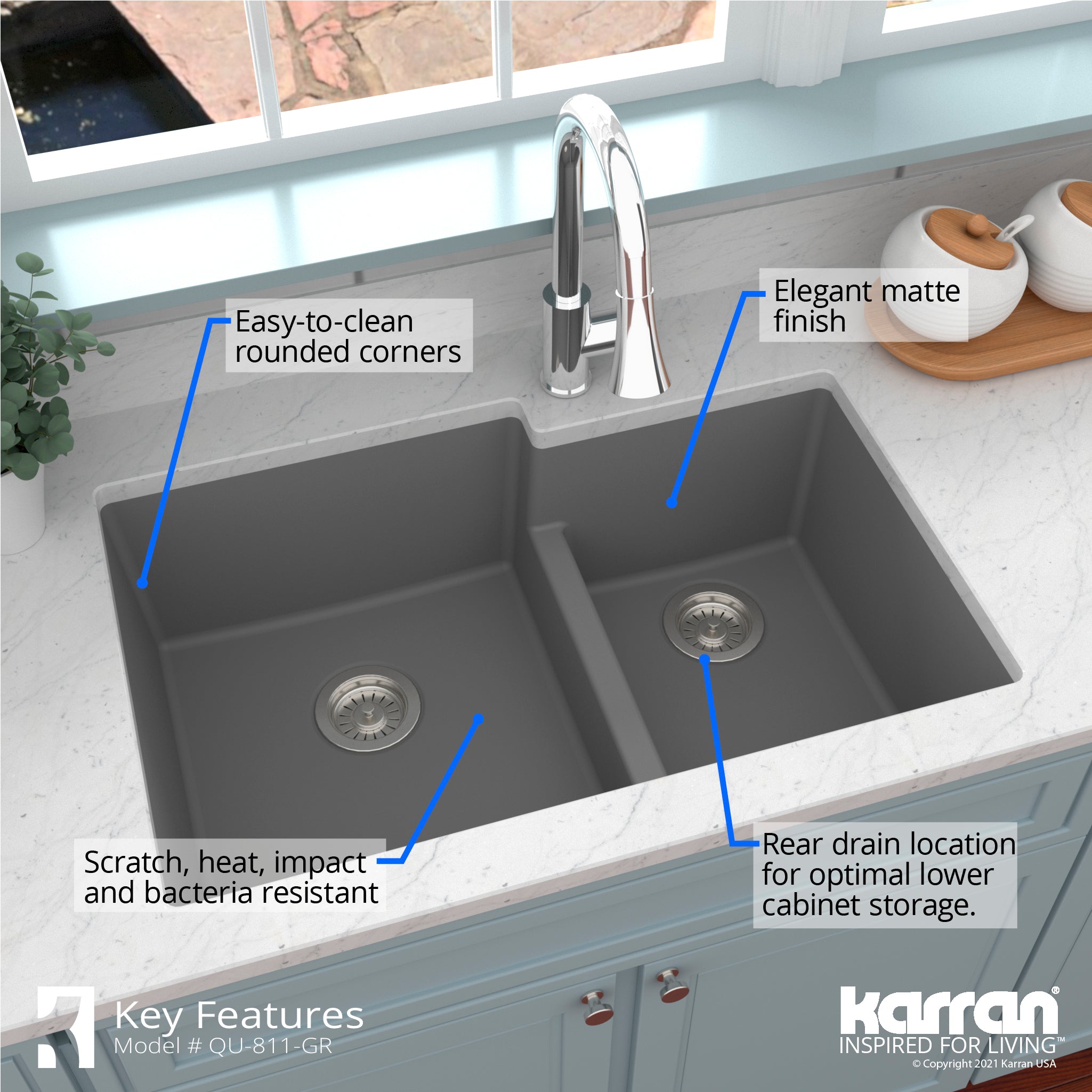 Alternate Image for Karran 32" Undermount Quartz Composite Kitchen Sink with Accessories, 60/40 Double Bowl, Grey, QU-811-GR-PK1