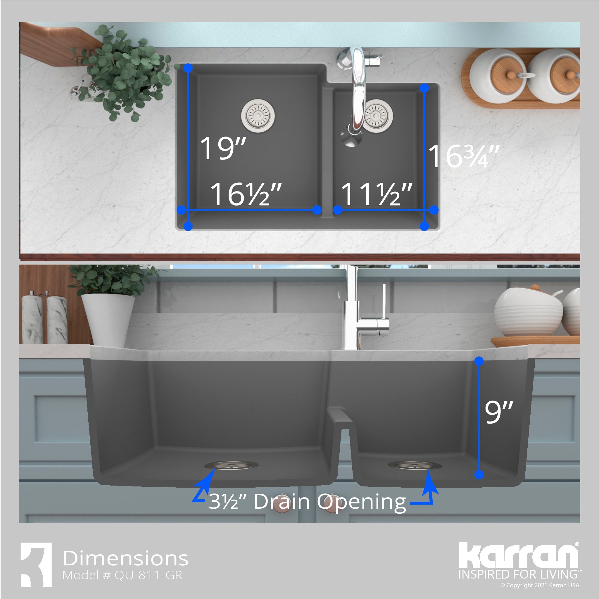 Alternate Image for Karran 32" Undermount Quartz Composite Kitchen Sink with Accessories, 60/40 Double Bowl, Grey, QU-811-GR-PK1