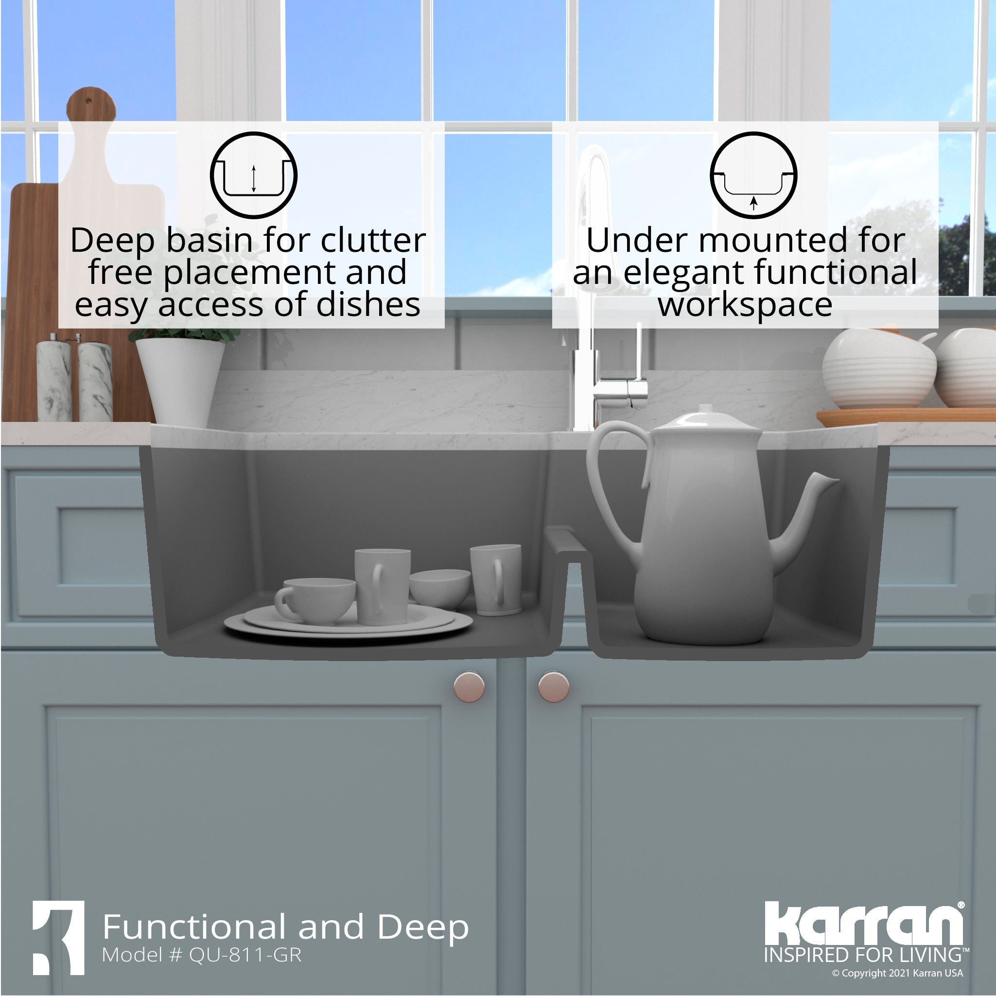Alternate Image for Karran 32" Undermount Quartz Composite Kitchen Sink with Accessories, 60/40 Double Bowl, Grey, QU-811-GR-PK1