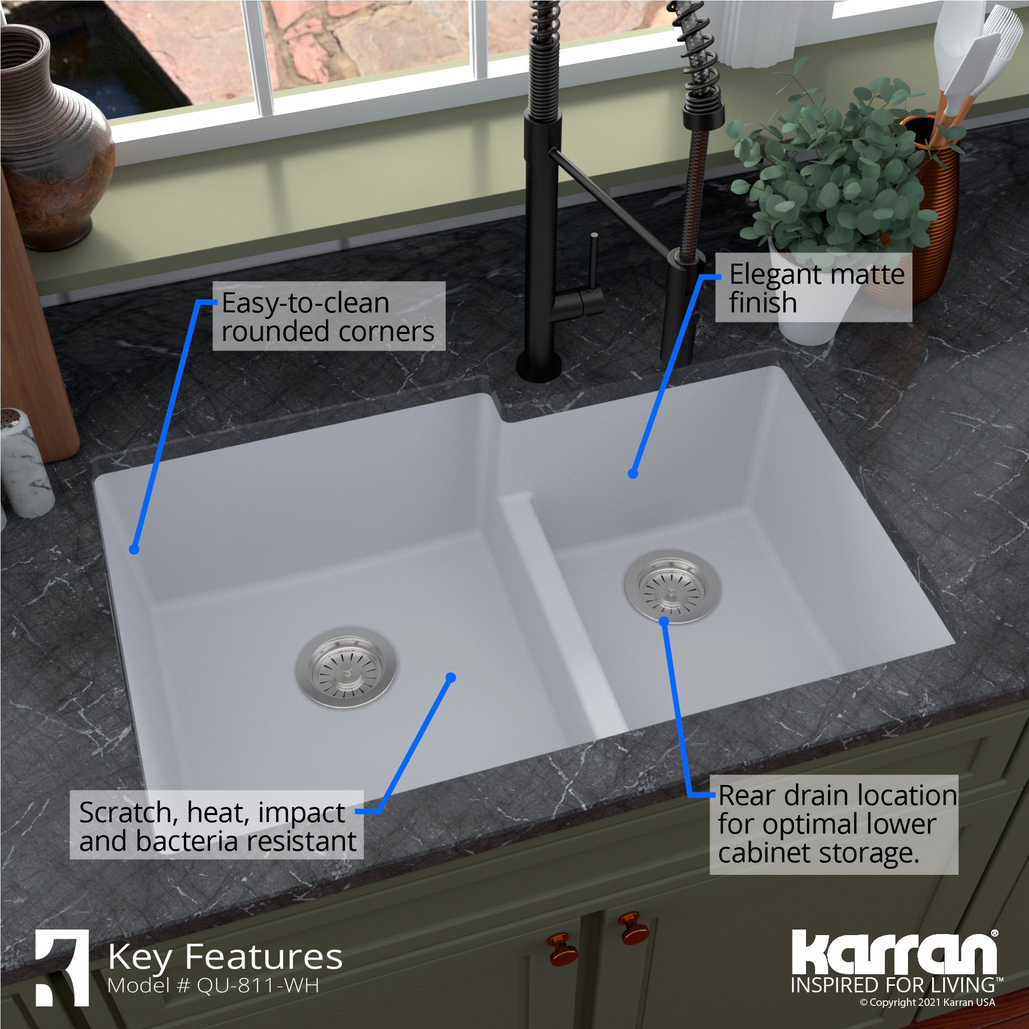 Alternate Image for Karran 32" Undermount Quartz Composite Kitchen Sink with Accessories, 60/40 Double Bowl, White, QU-811-WH-PK1