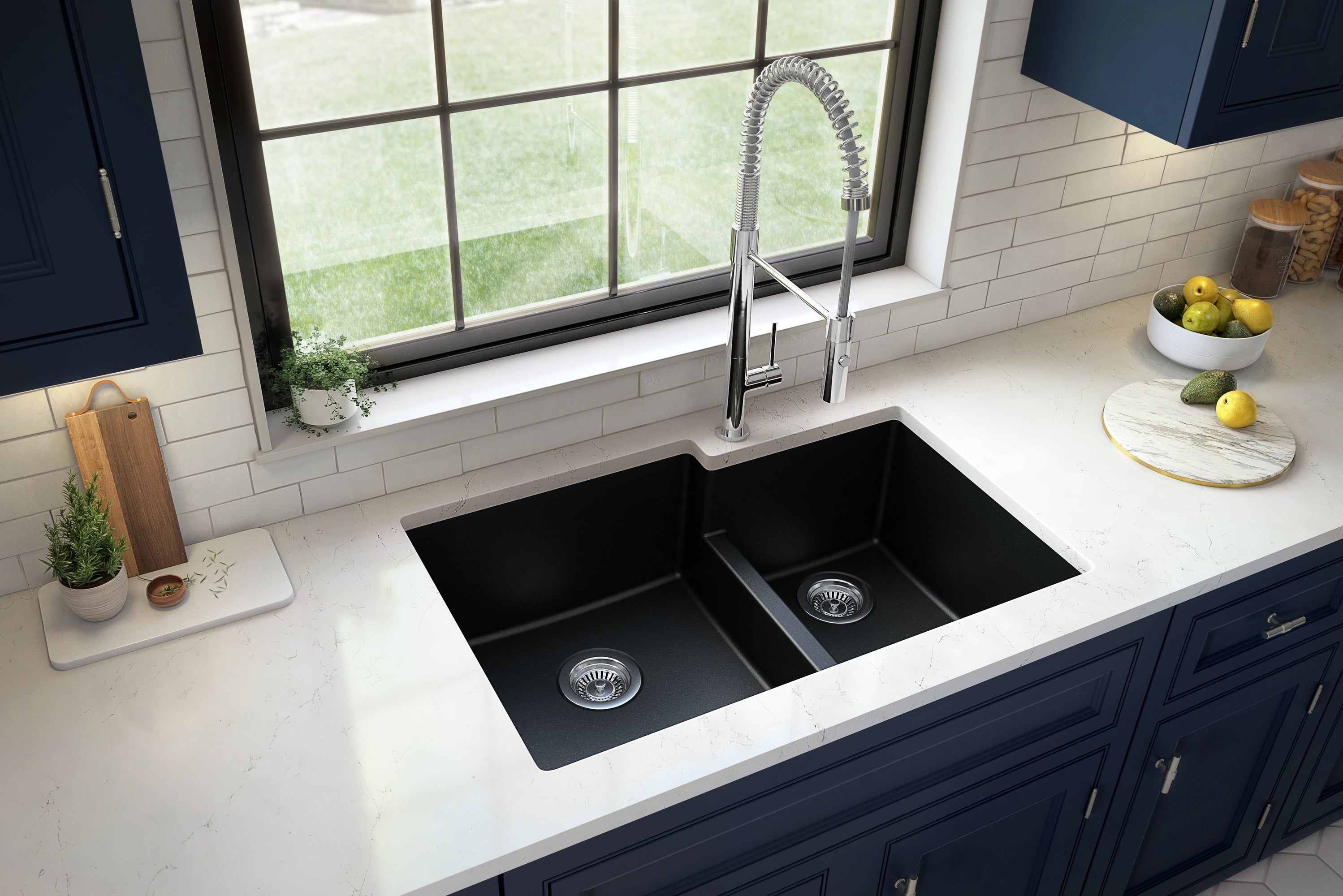 Karran 32" Undermount Quartz Composite Kitchen Sink with Accessories, 60/40 Double Bowl, Black, QU-811-BL-PK1
