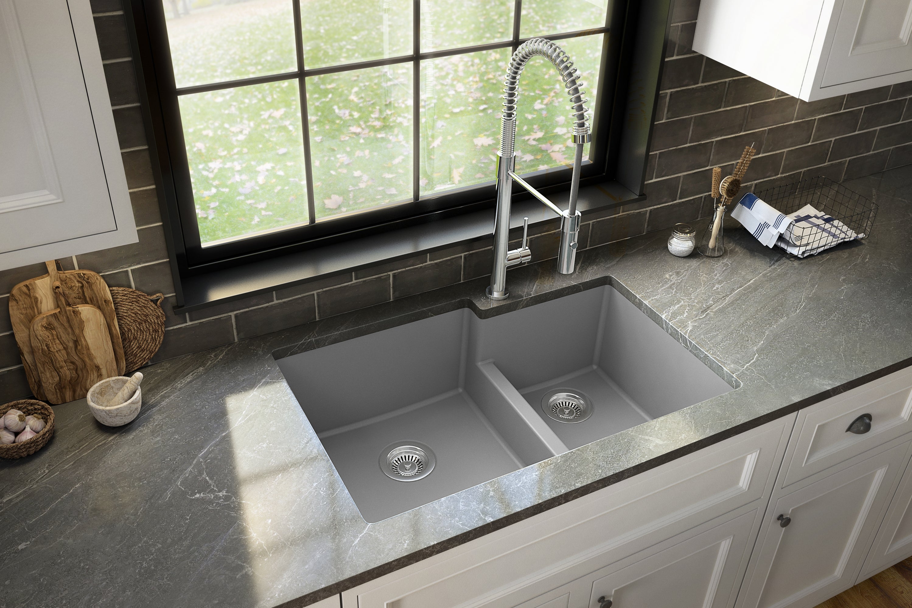 Karran 32" Undermount Quartz Composite Kitchen Sink with Accessories, 60/40 Double Bowl, Grey, QU-811-GR-PK1