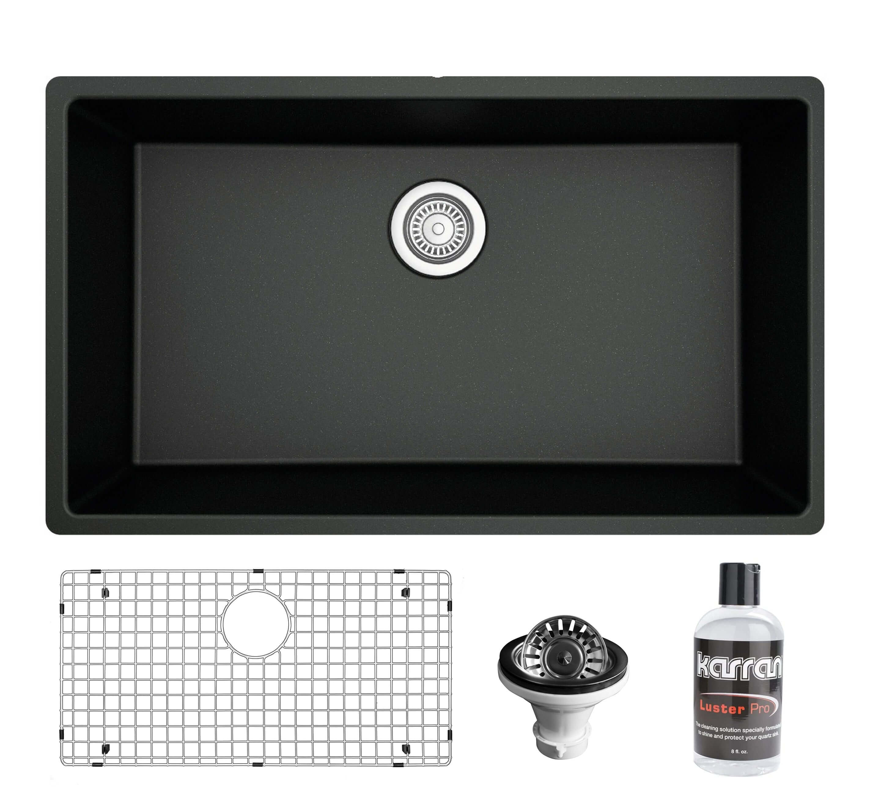 Karran 32" Undermount Quartz Composite Kitchen Sink with Accessories, Black, QU-812-BL-PK1