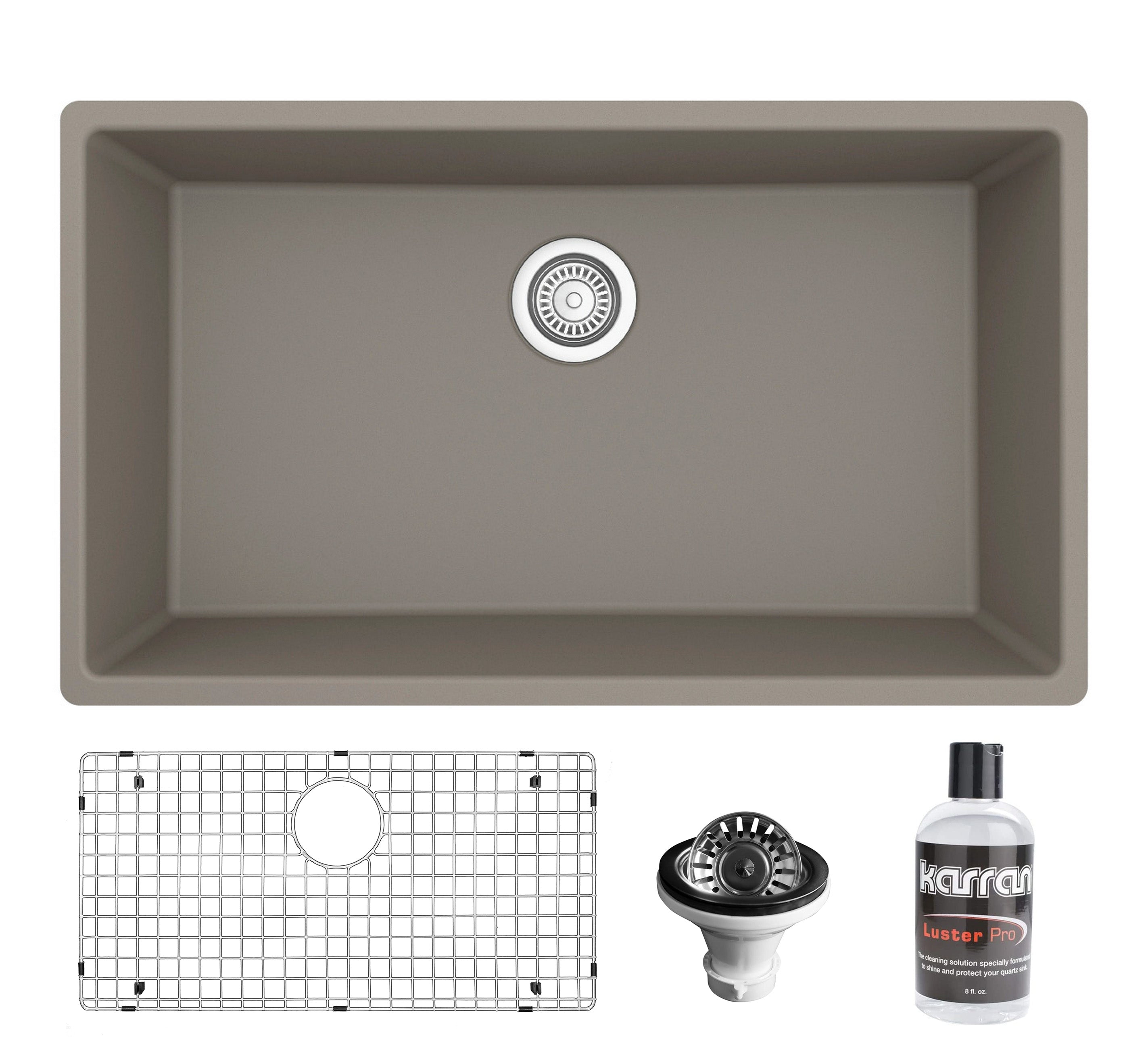 Karran 32" Undermount Quartz Composite Kitchen Sink with Accessories, Concrete, QU-812-CN-PK1