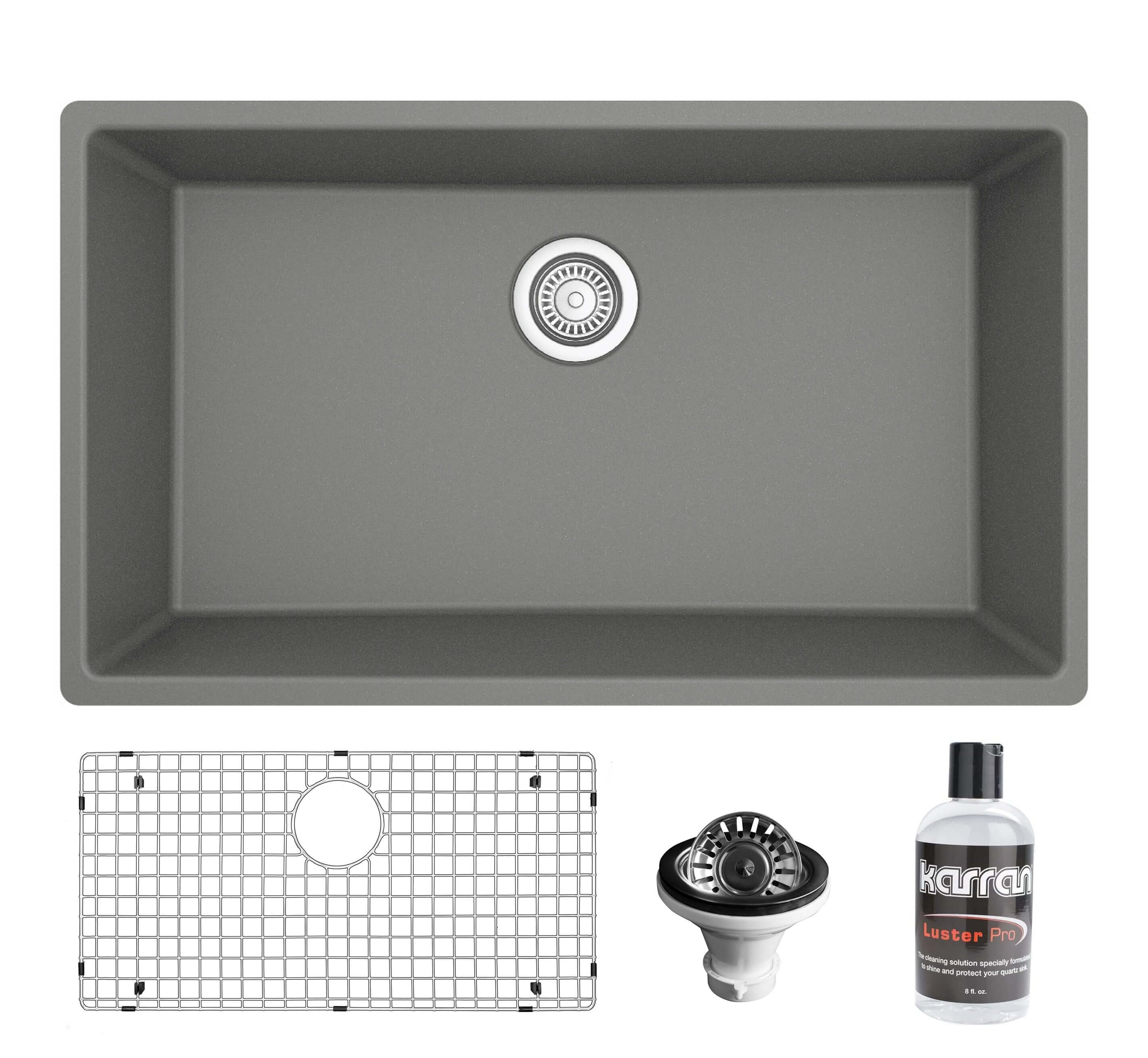 Karran 32" Undermount Quartz Composite Kitchen Sink with Accessories, Grey, QU-812-GR-PK1