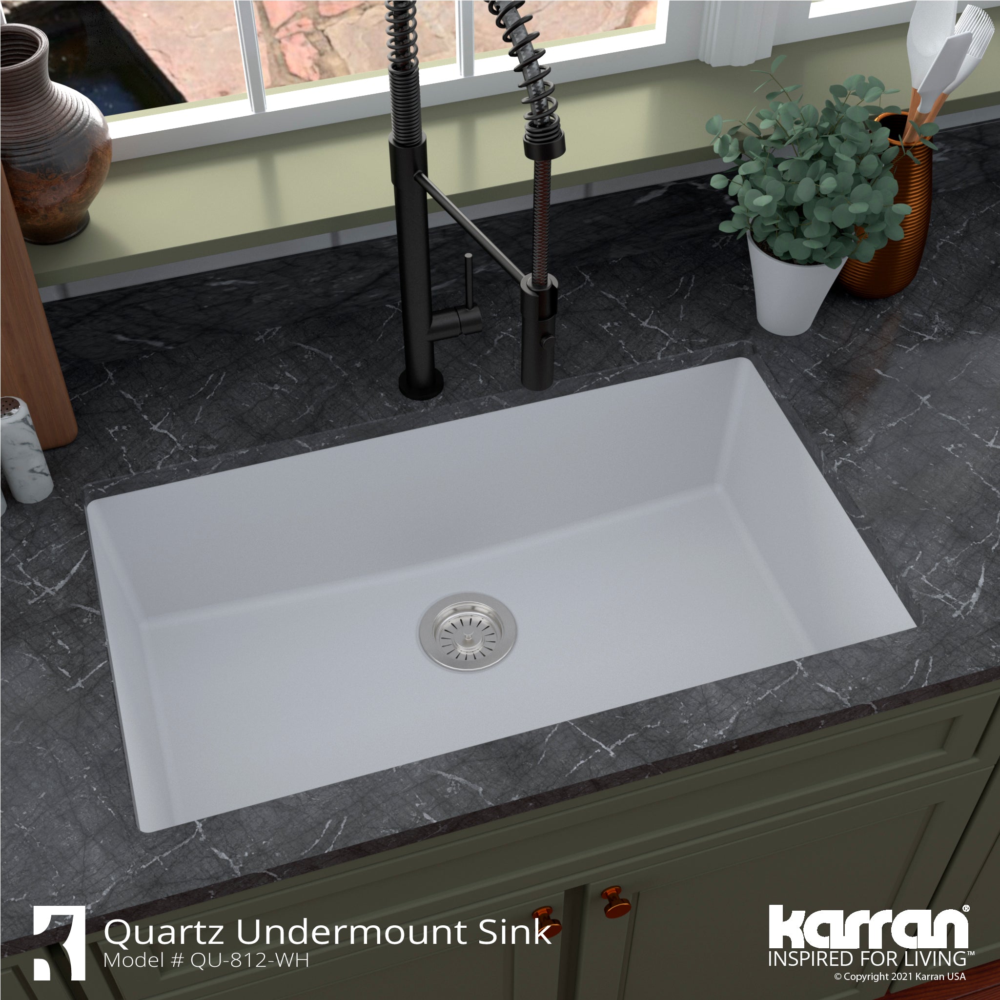 Alternate Image for Karran 32" Undermount Quartz Composite Kitchen Sink with Accessories, White, QU-812-WH-PK1