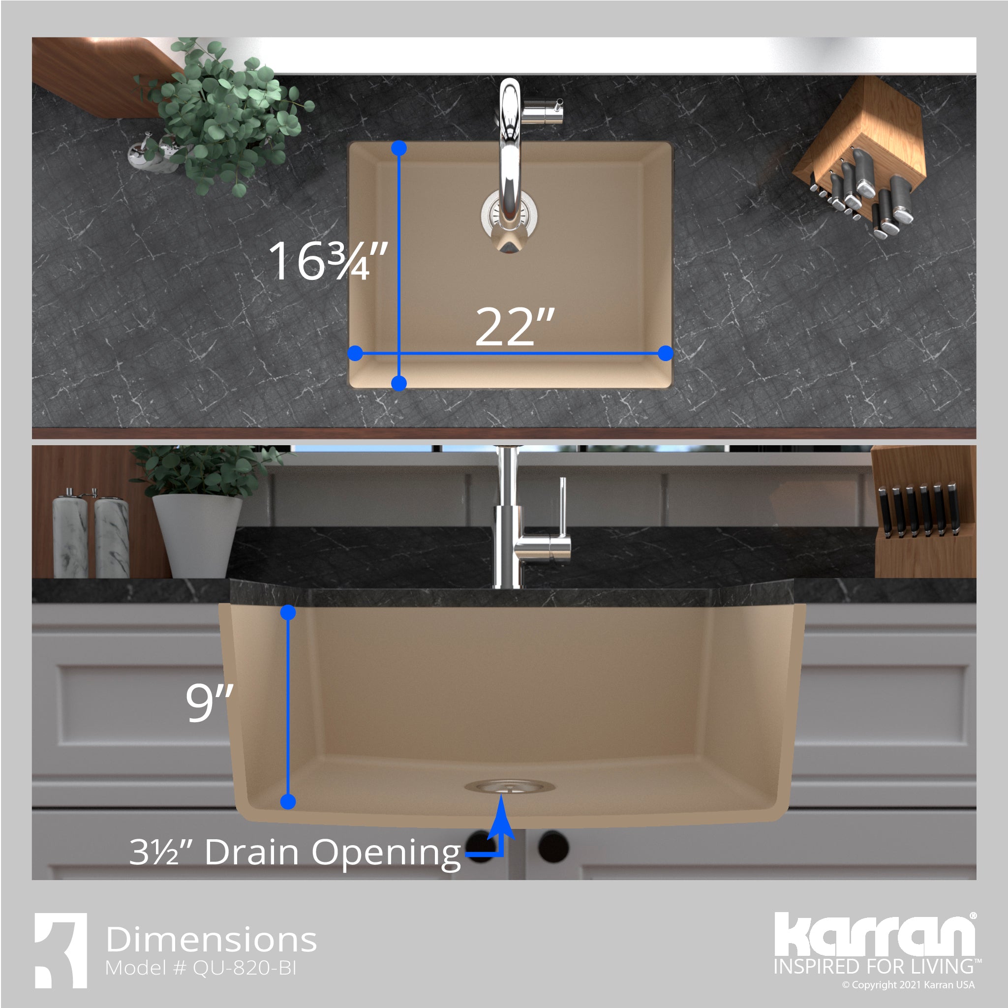 Alternate Image for Karran 24" Undermount Quartz Composite Kitchen Sink, Bisque, QU-820-BI