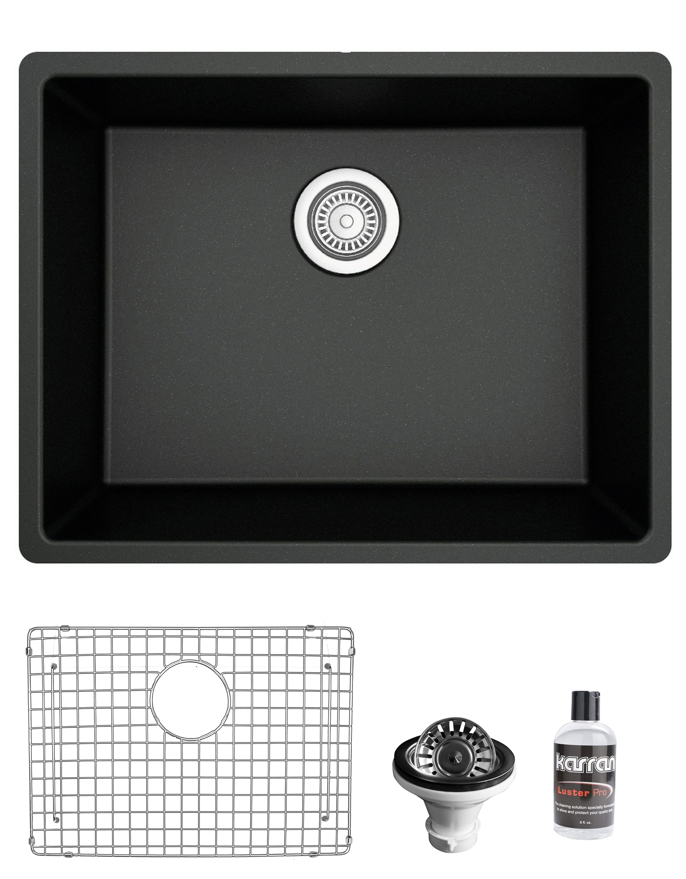 Karran 24" Undermount Quartz Composite Kitchen Sink with Accessories, Black, QU-820-BL-PK1