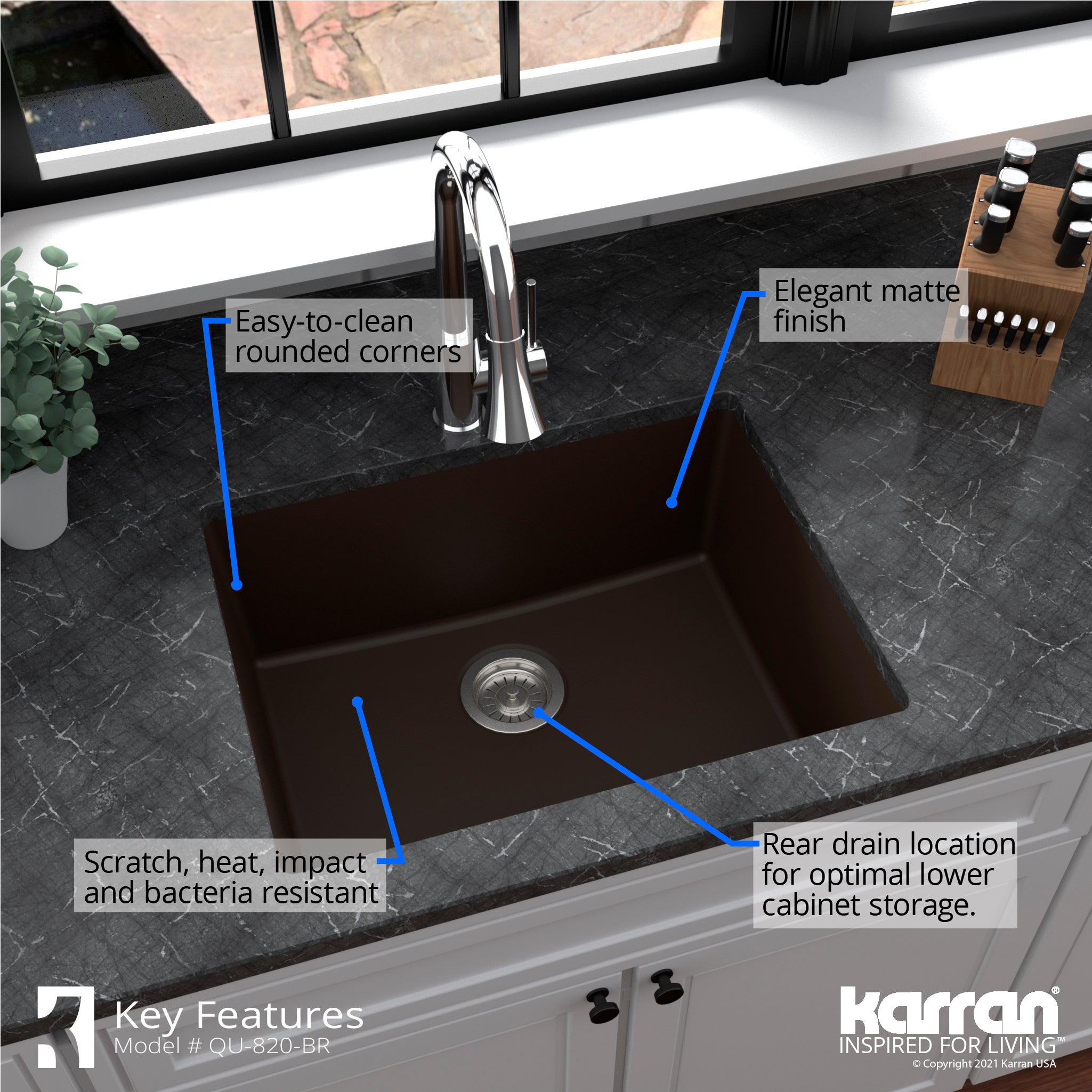 Alternate Image for Karran 24" Undermount Quartz Composite Kitchen Sink, Brown, QU-820-BR