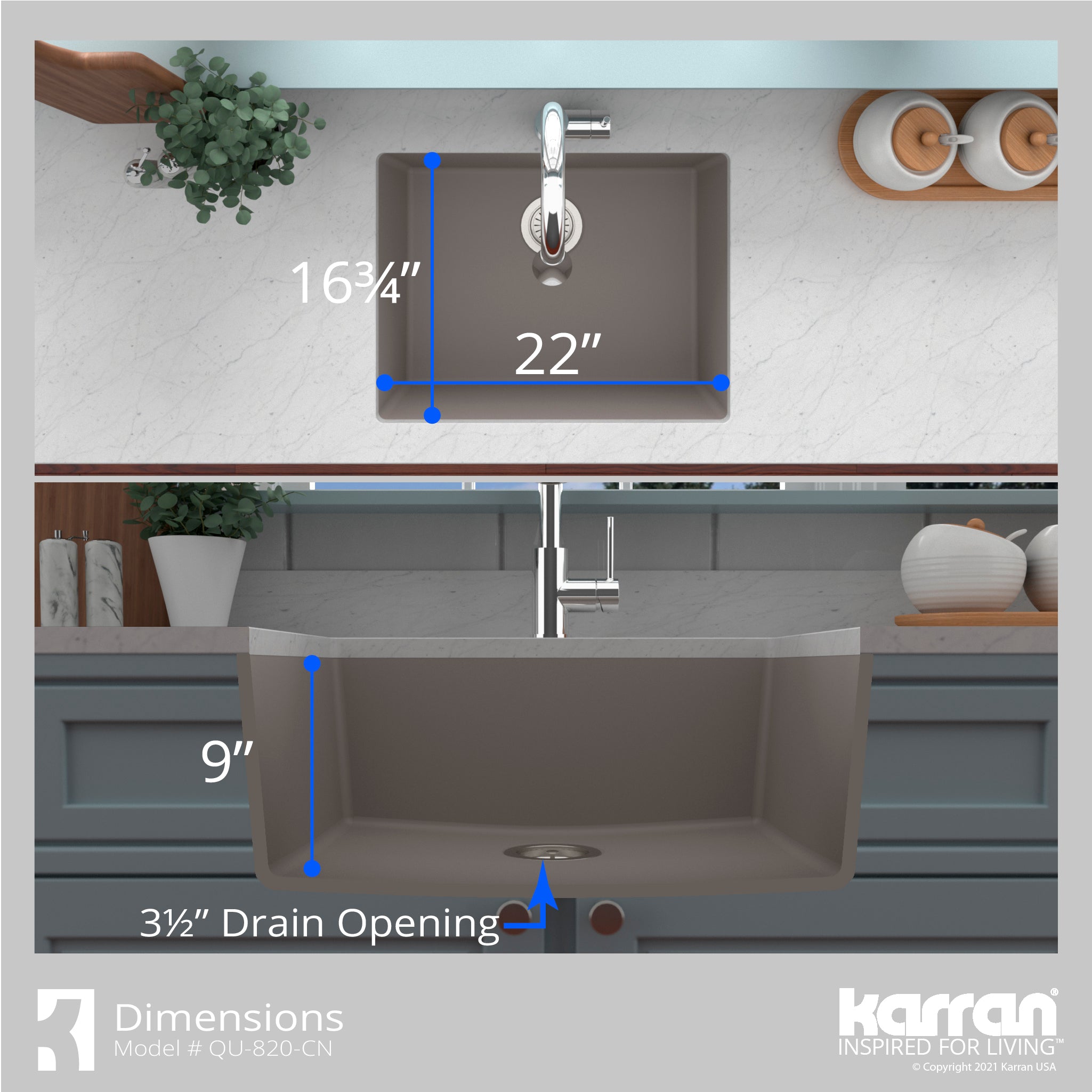 Alternate Image for Karran 24" Undermount Quartz Composite Kitchen Sink, Concrete, QU-820-CN