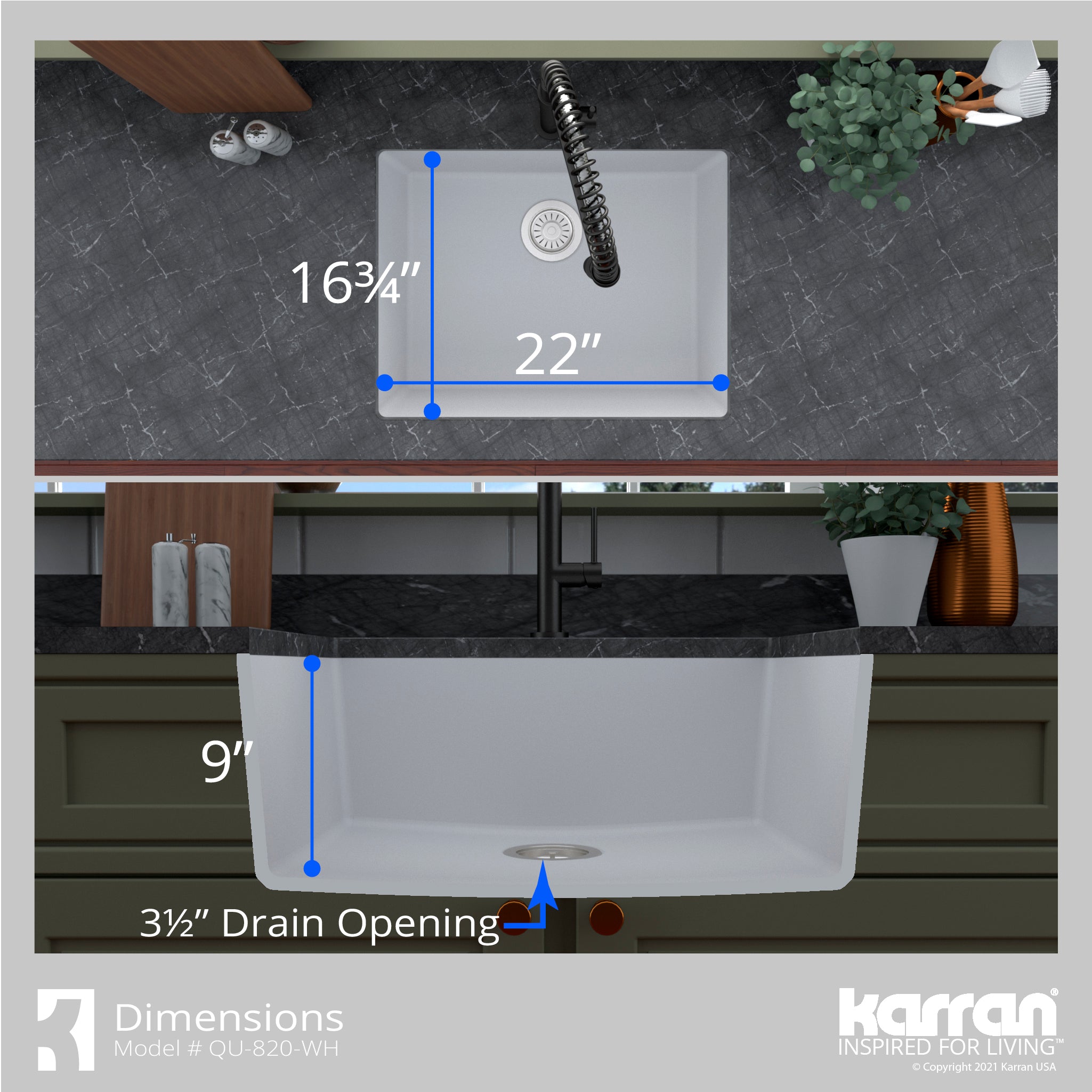 Alternate Image for Karran 24" Undermount Quartz Composite Kitchen Sink with Accessories, White, QU-820-WH-PK1