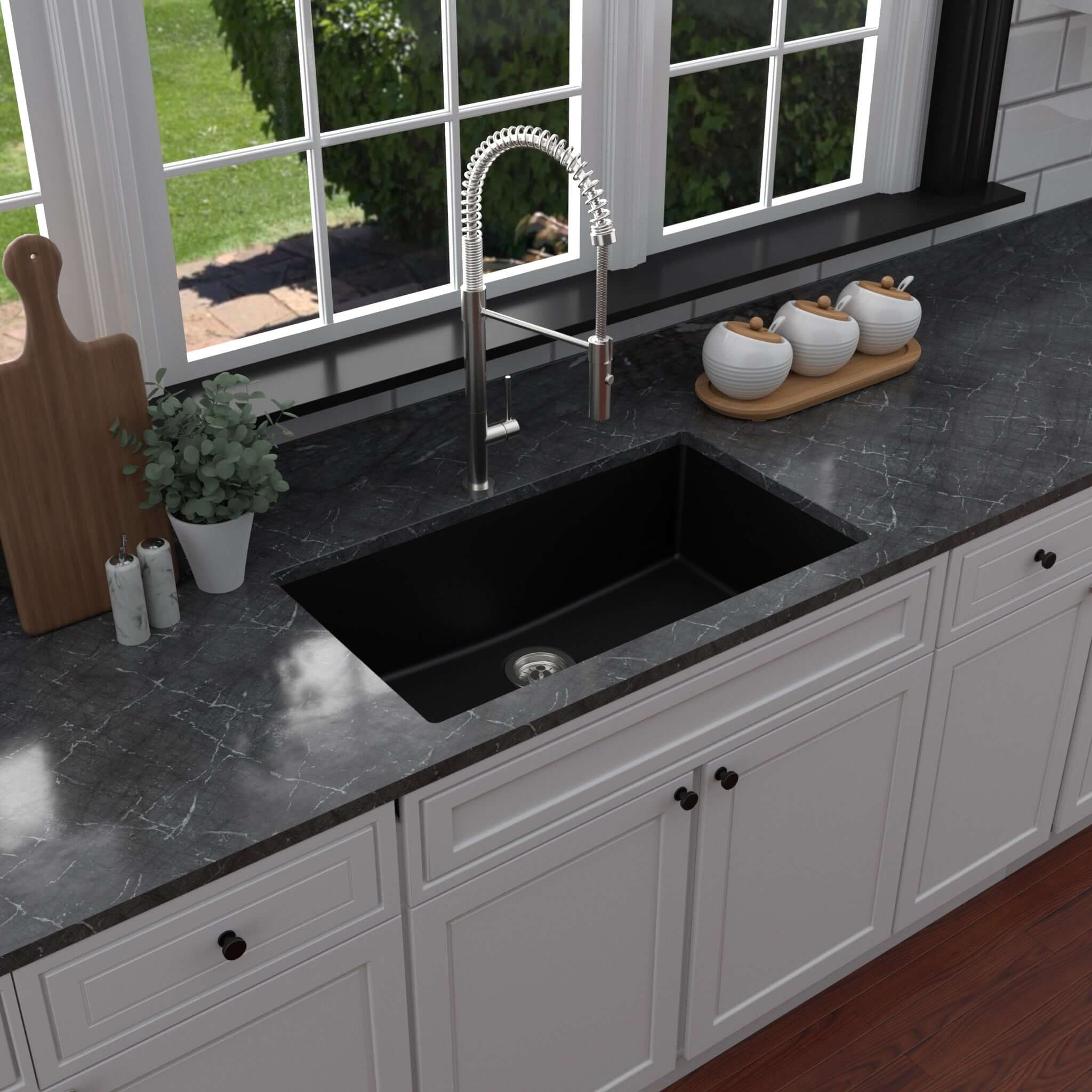 Karran 32" Undermount Quartz Composite Kitchen Sink with Accessories, Black, QU-812-BL-PK1