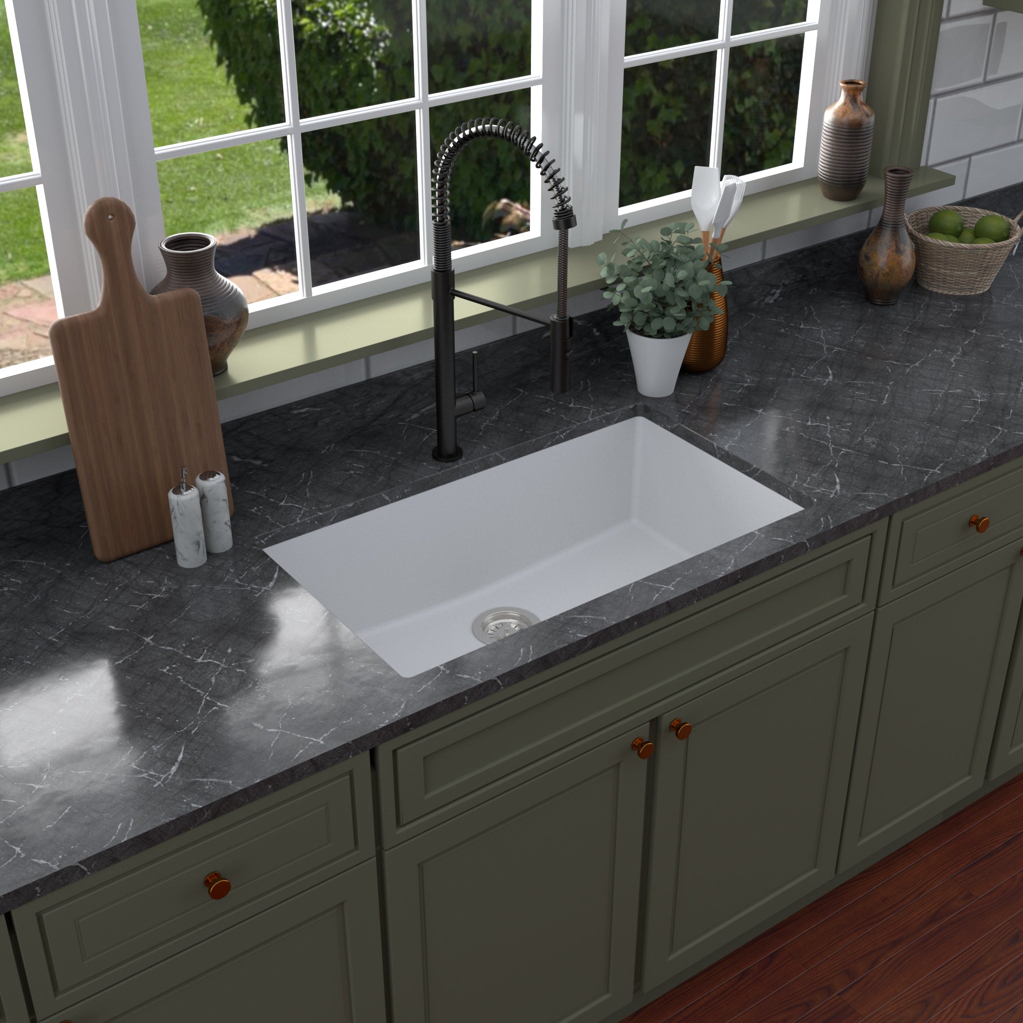 Alternate Image for Karran 32" Undermount Quartz Composite Kitchen Sink with Accessories, White, QU-812-WH-PK1