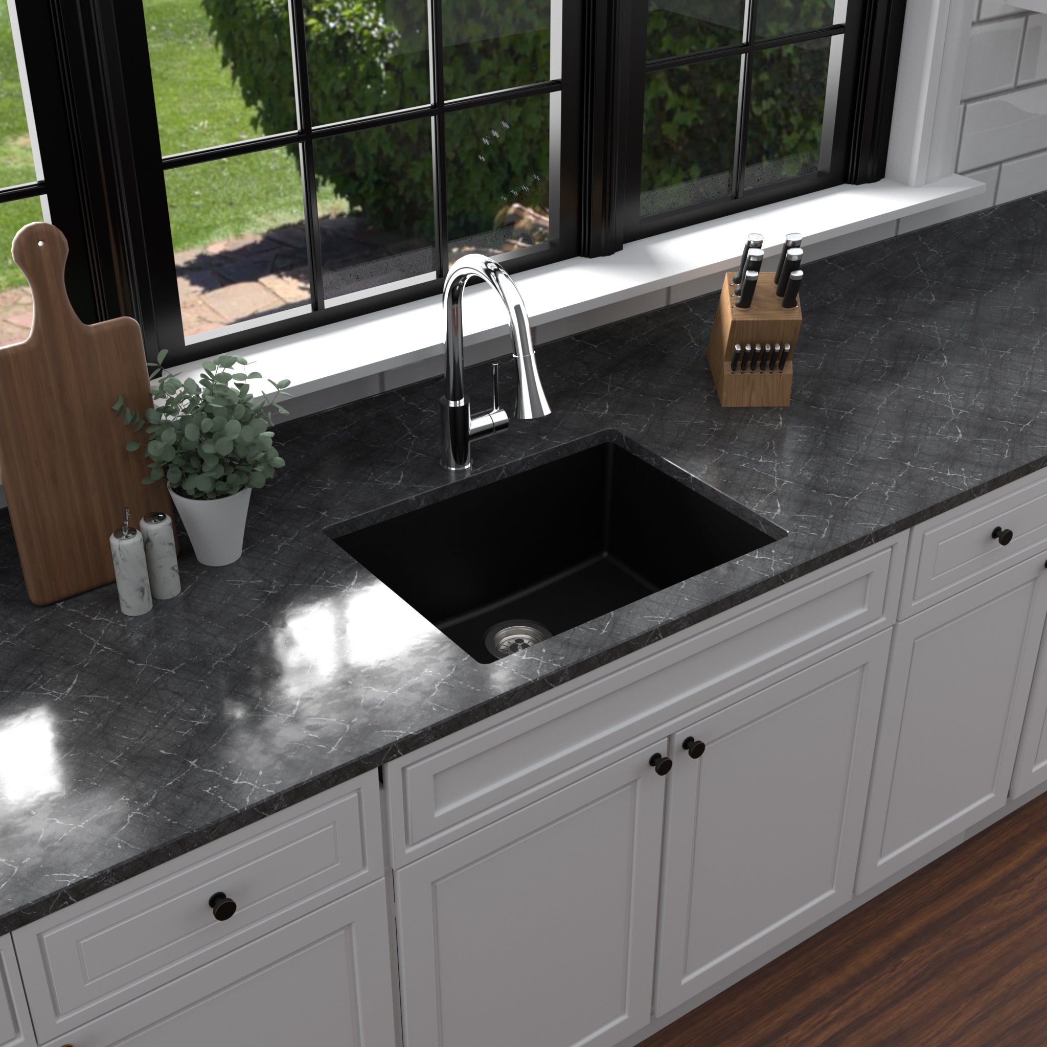 Karran 24" Undermount Quartz Composite Kitchen Sink with Accessories, Black, QU-820-BL-PK1