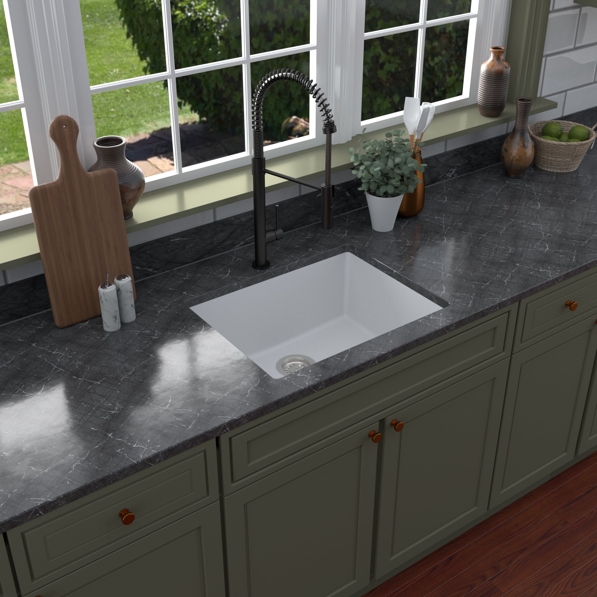 Karran 24" Undermount Quartz Composite Kitchen Sink with Accessories, White, QU-820-WH-PK1