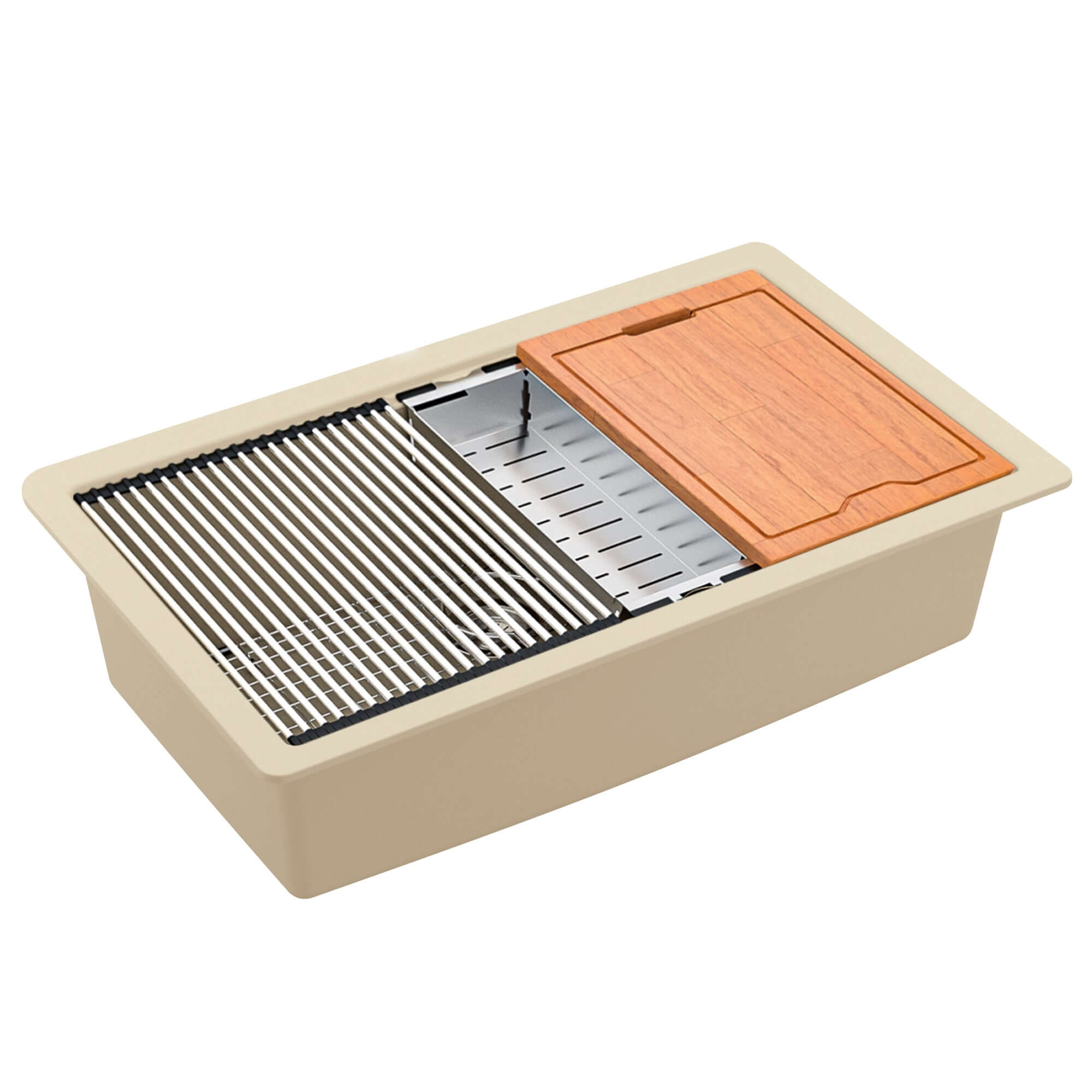 Alternate Image for Karran 33" Undermount Quartz Composite Workstation Kitchen Sink with Accessories, Bisque, QUWS-875-BI