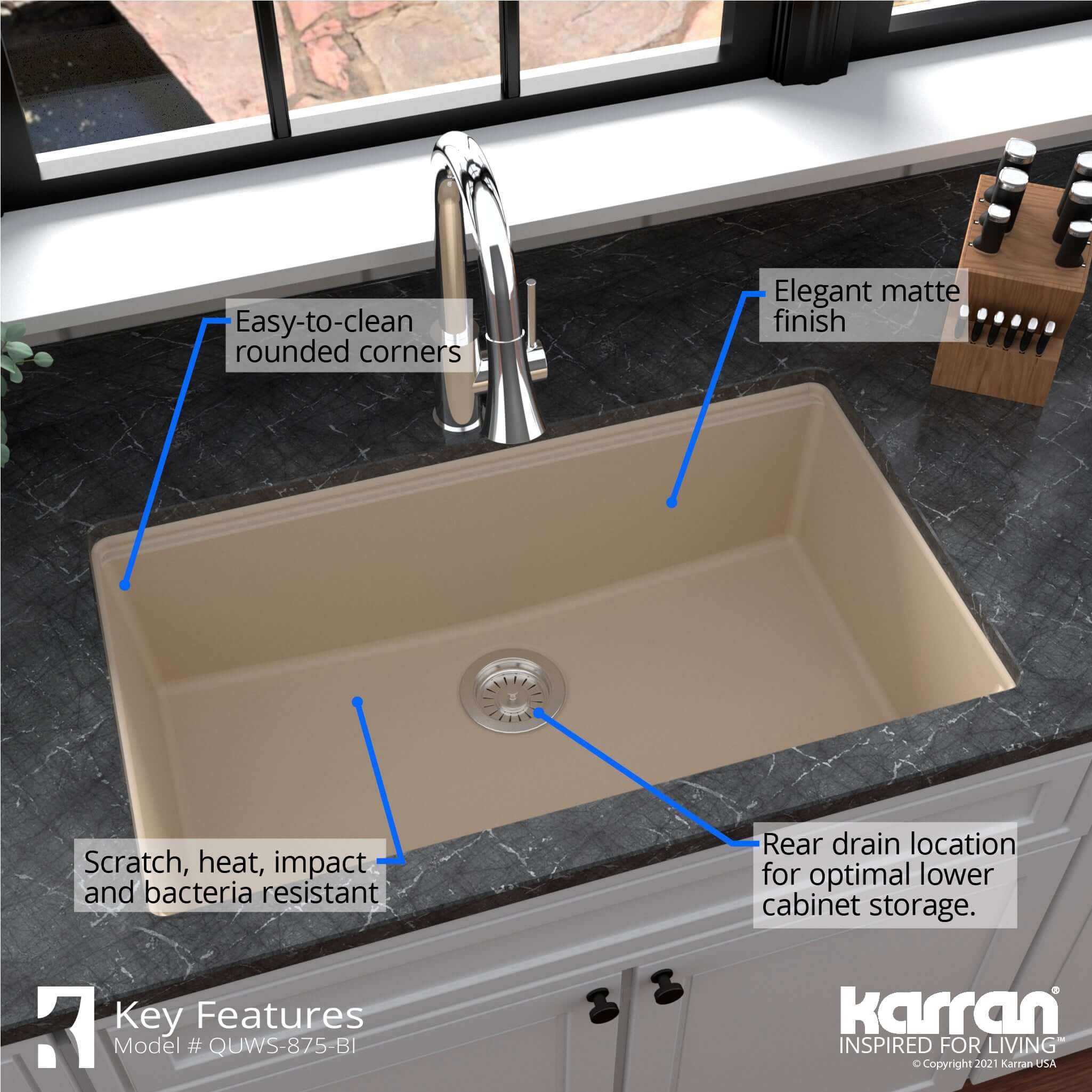 Alternate Image for Karran 33" Undermount Quartz Composite Workstation Kitchen Sink with Accessories, Bisque, QUWS-875-BI