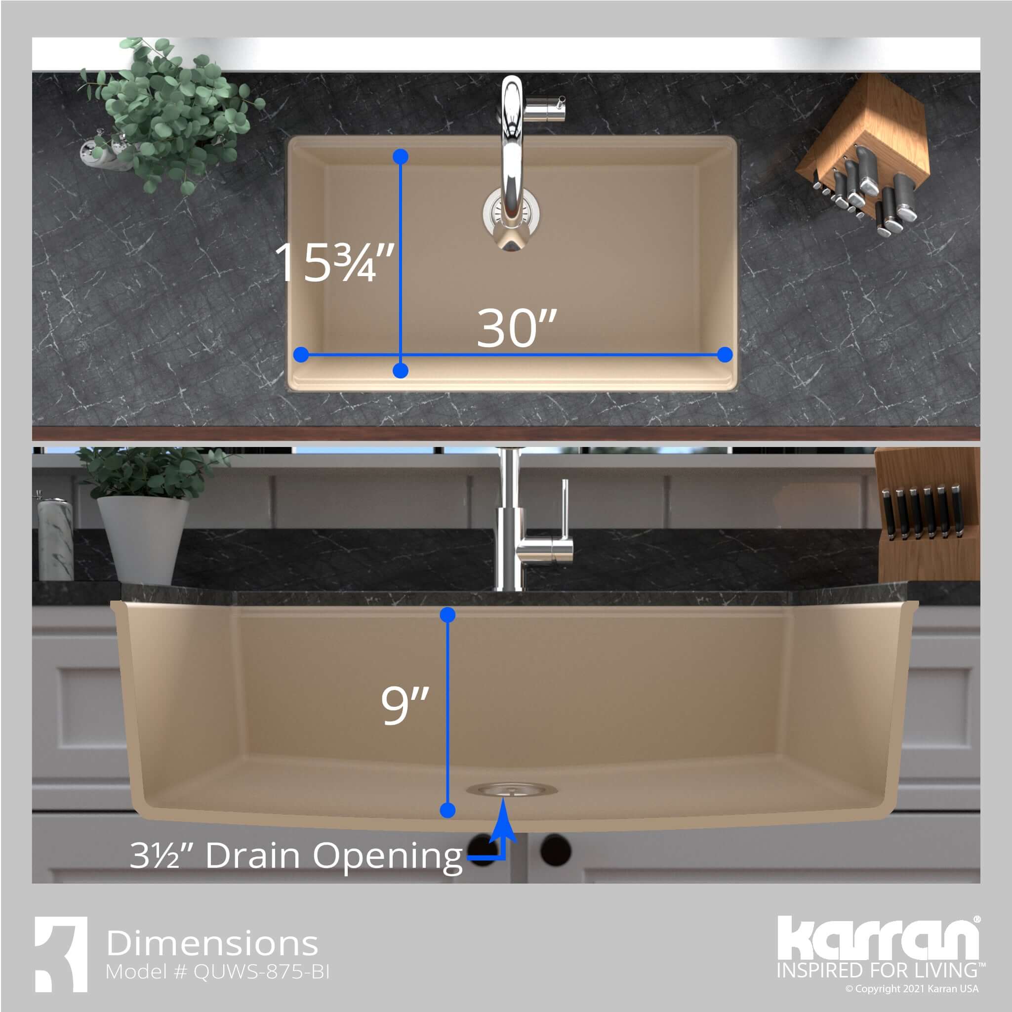 Alternate Image for Karran 33" Undermount Quartz Composite Workstation Kitchen Sink with Accessories, Bisque, QUWS-875-BI