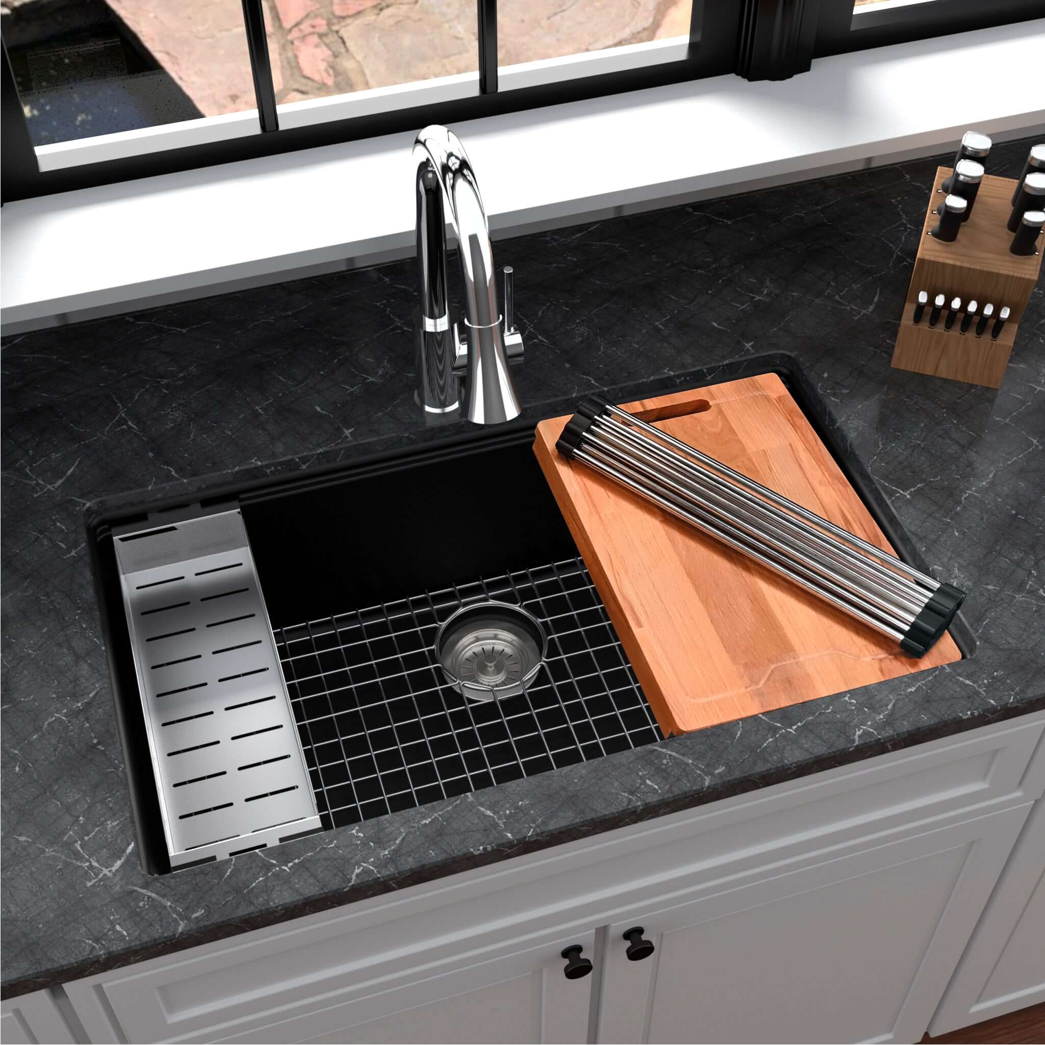 Alternate Image for Karran 33" Undermount Quartz Composite Workstation Kitchen Sink with Accessories, Black, QUWS-875-BL