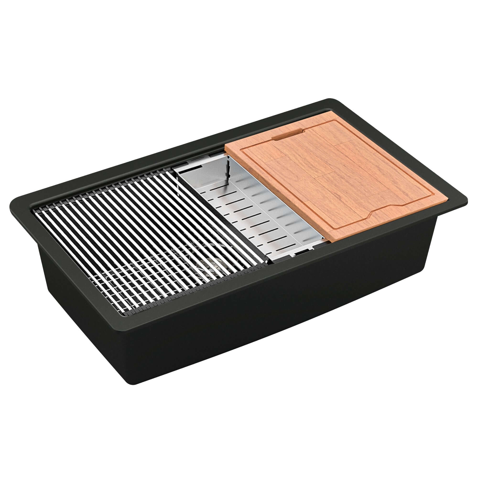 Alternate Image for Karran 33" Undermount Quartz Composite Workstation Kitchen Sink with Accessories, Black, QUWS-875-BL