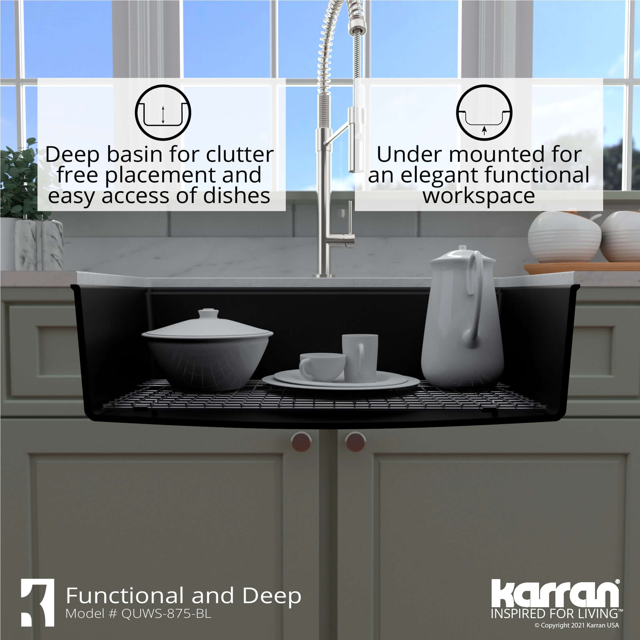 Alternate Image for Karran 33" Undermount Quartz Composite Workstation Kitchen Sink with Accessories, Black, QUWS-875-BL