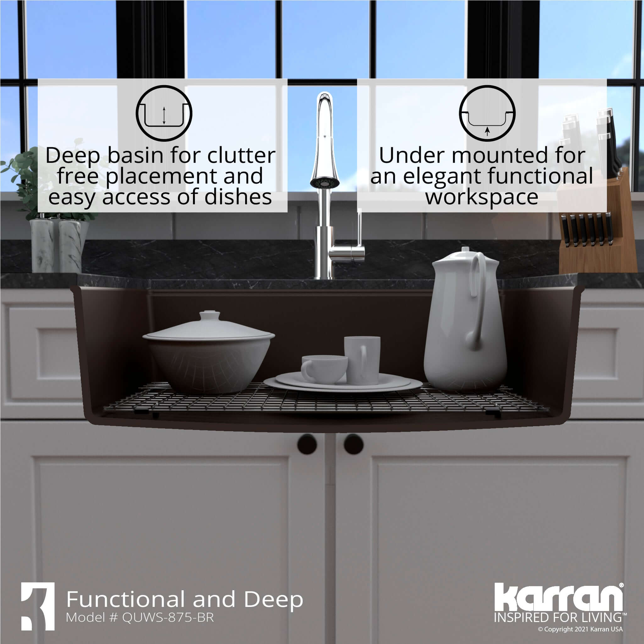 Alternate Image for Karran 33" Undermount Quartz Composite Workstation Kitchen Sink with Accessories, Brown, QUWS-875-BR